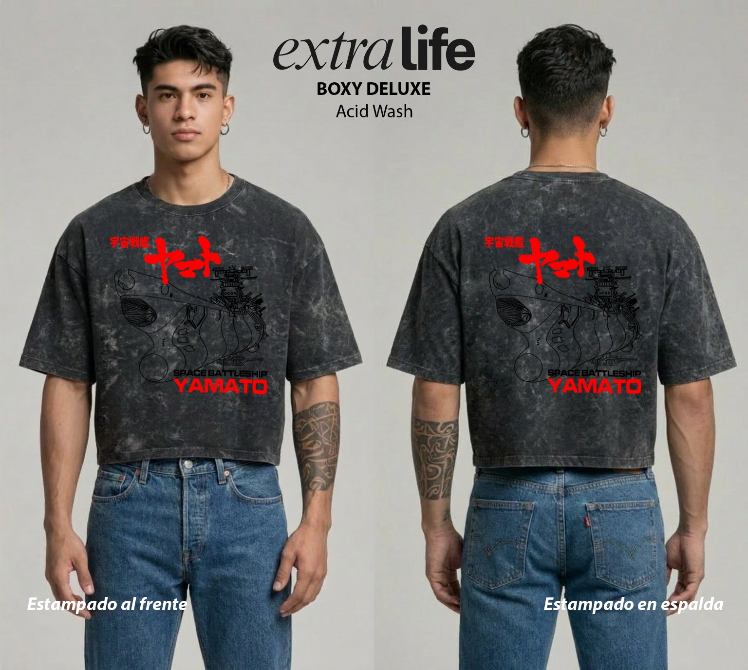 Playera streetwear premium de anime y gaming ExtraLife MX, corte boxy deluxe mineral wash heavyweight en color Acid Wash, moda urbana mexicana de culto.