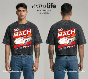 Playera streetwear premium de anime y gaming ExtraLife MX, corte boxy deluxe mineral wash heavyweight en color Acid Wash, moda urbana mexicana de culto.