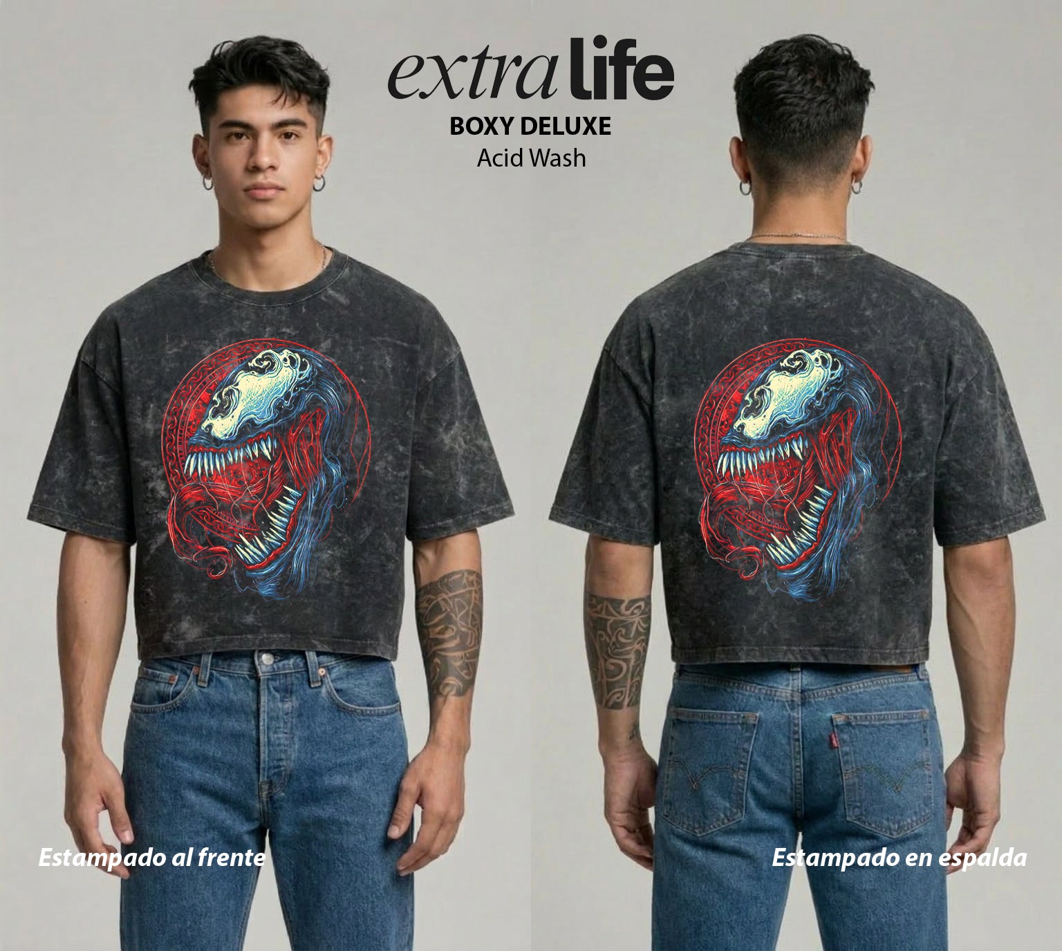 Playera streetwear premium de anime y gaming ExtraLife MX, corte boxy deluxe mineral wash heavyweight en color Acid Wash, moda urbana mexicana de culto.