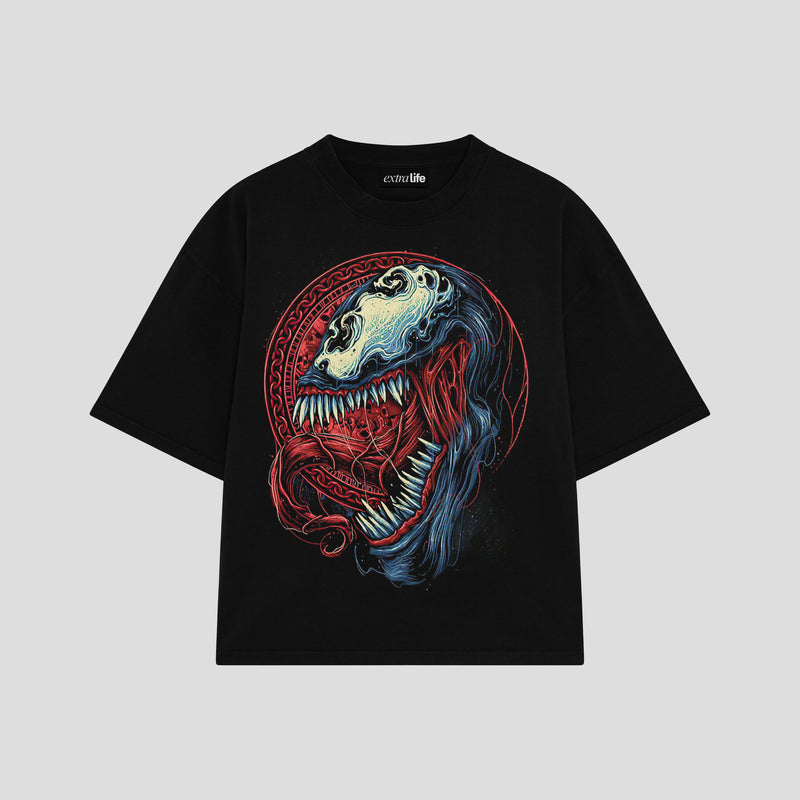 Playera streetwear premium de anime y gaming ExtraLife MX, corte boxy oversized drop shoulder heavyweight en color Deep Black y Off-White, moda urbana mexicana de culto.