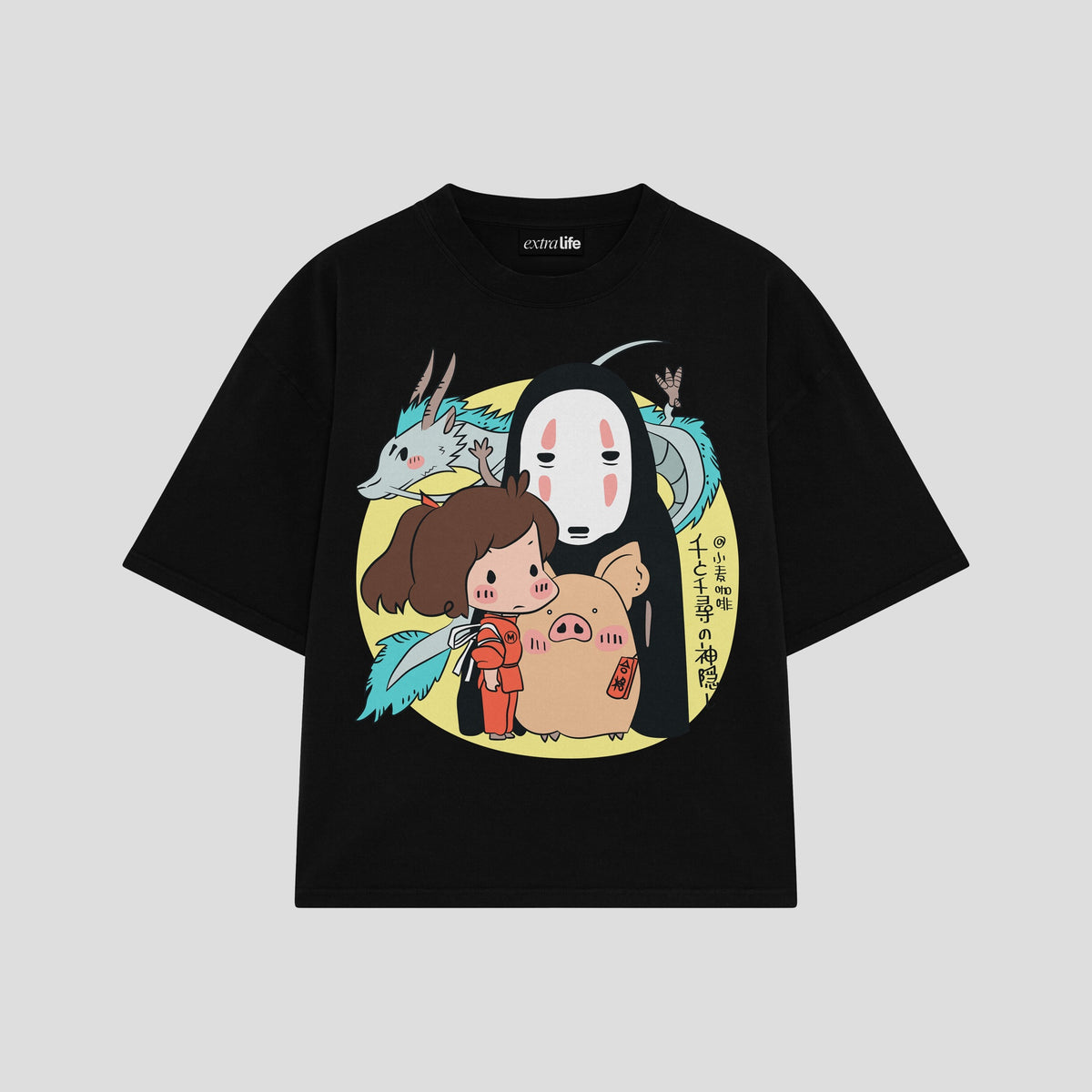 Playera streetwear premium de anime y gaming ExtraLife MX, corte oversized drop shoulder ligero y fresco en color Deep Black y Off-White, moda urbana mexicana de culto.