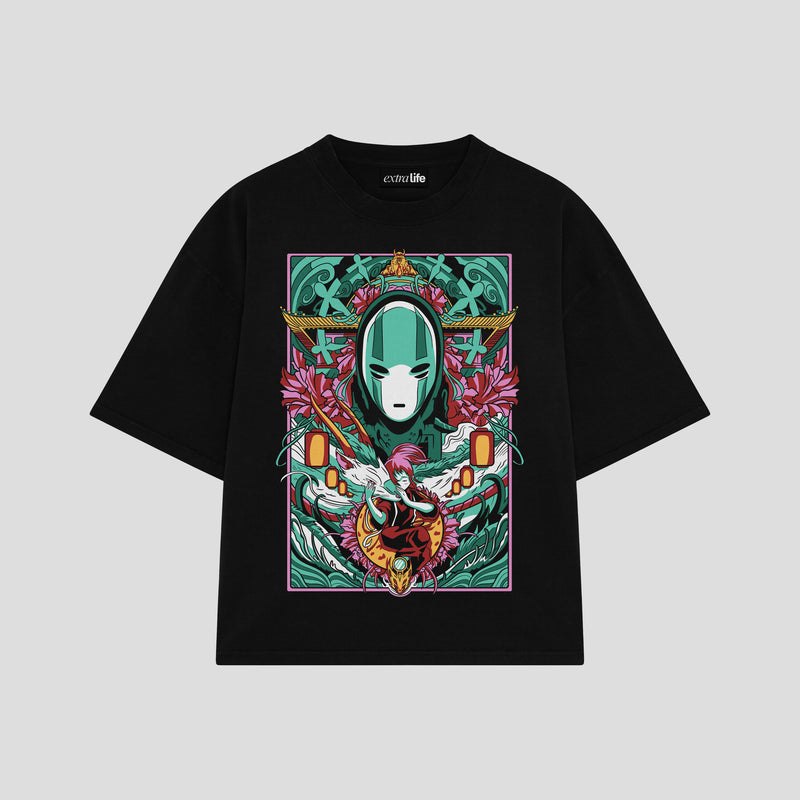 Playera streetwear premium de anime y gaming ExtraLife MX, corte boxy oversized drop shoulder heavyweight en color Deep Black y Off-White, moda urbana mexicana de culto.