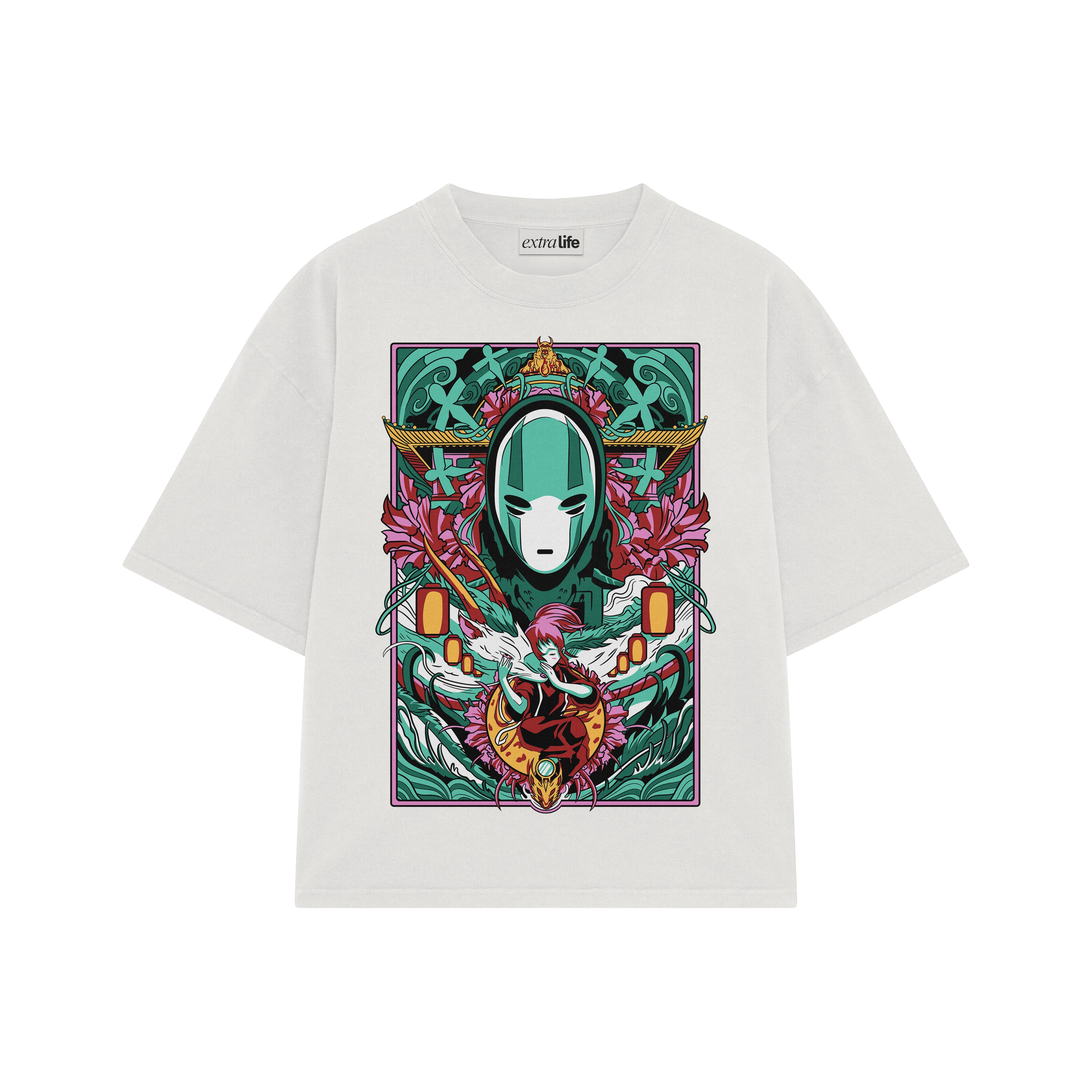 Playera streetwear premium de anime y gaming ExtraLife MX, corte boxy oversized drop shoulder heavyweight en color Deep Black y Off-White, moda urbana mexicana de culto.