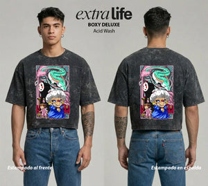 Playera streetwear premium de anime y gaming ExtraLife MX, corte boxy deluxe mineral wash heavyweight en color Acid Wash, moda urbana mexicana de culto.