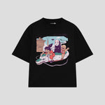 Playera streetwear premium de anime y gaming ExtraLife MX, corte boxy oversized drop shoulder heavyweight en color Deep Black y Off-White, moda urbana mexicana de culto.