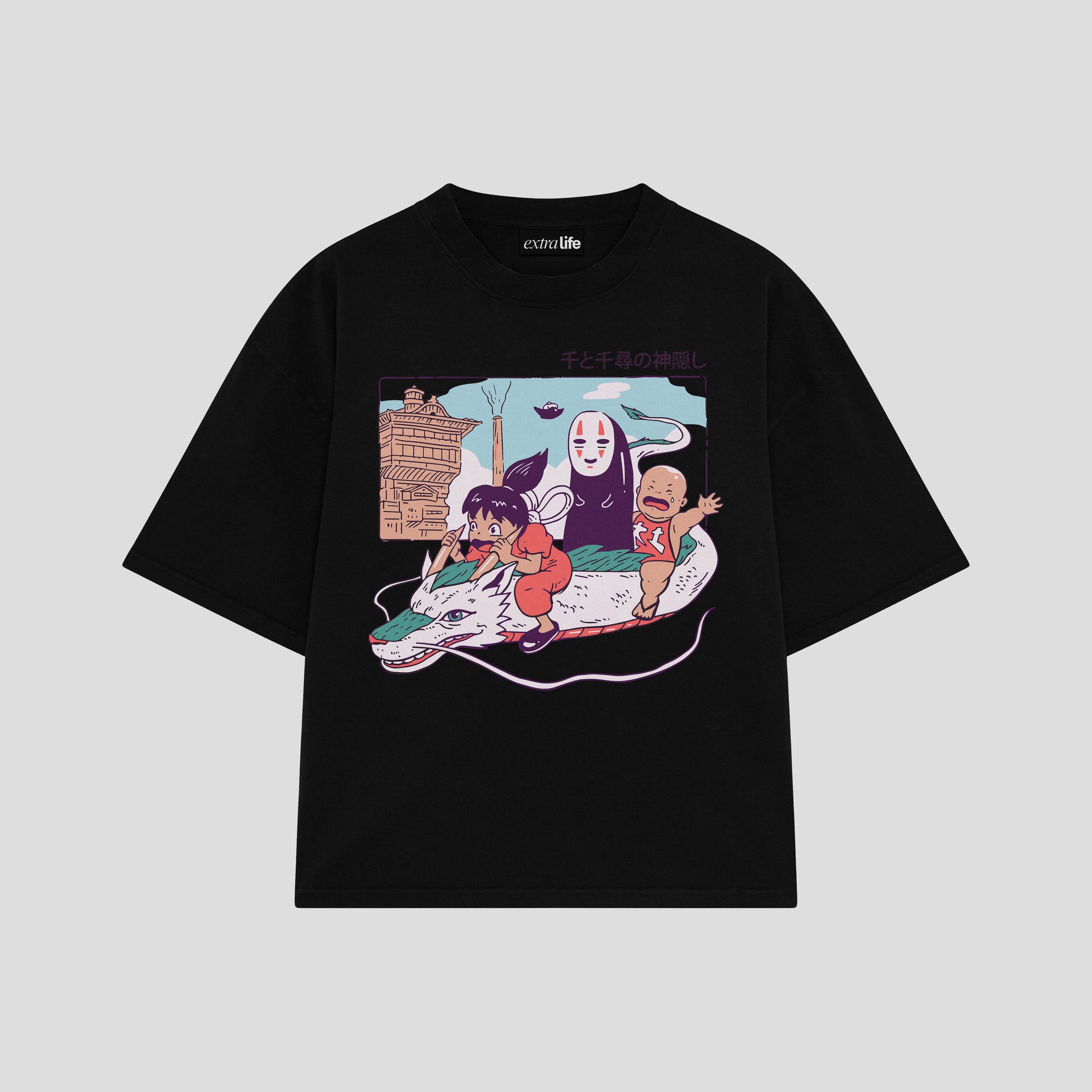 Playera streetwear premium de anime y gaming ExtraLife MX, corte boxy oversized drop shoulder heavyweight en color Deep Black y Off-White, moda urbana mexicana de culto.