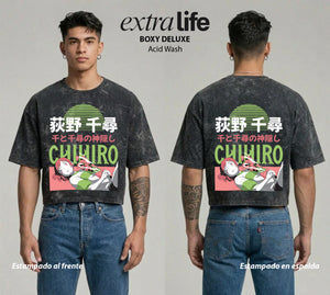 Playera streetwear premium de anime y gaming ExtraLife MX, corte boxy deluxe mineral wash heavyweight en color Acid Wash, moda urbana mexicana de culto.
