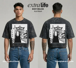 Playera streetwear premium de anime y gaming ExtraLife MX, corte boxy deluxe mineral wash heavyweight en color Acid Wash, moda urbana mexicana de culto.