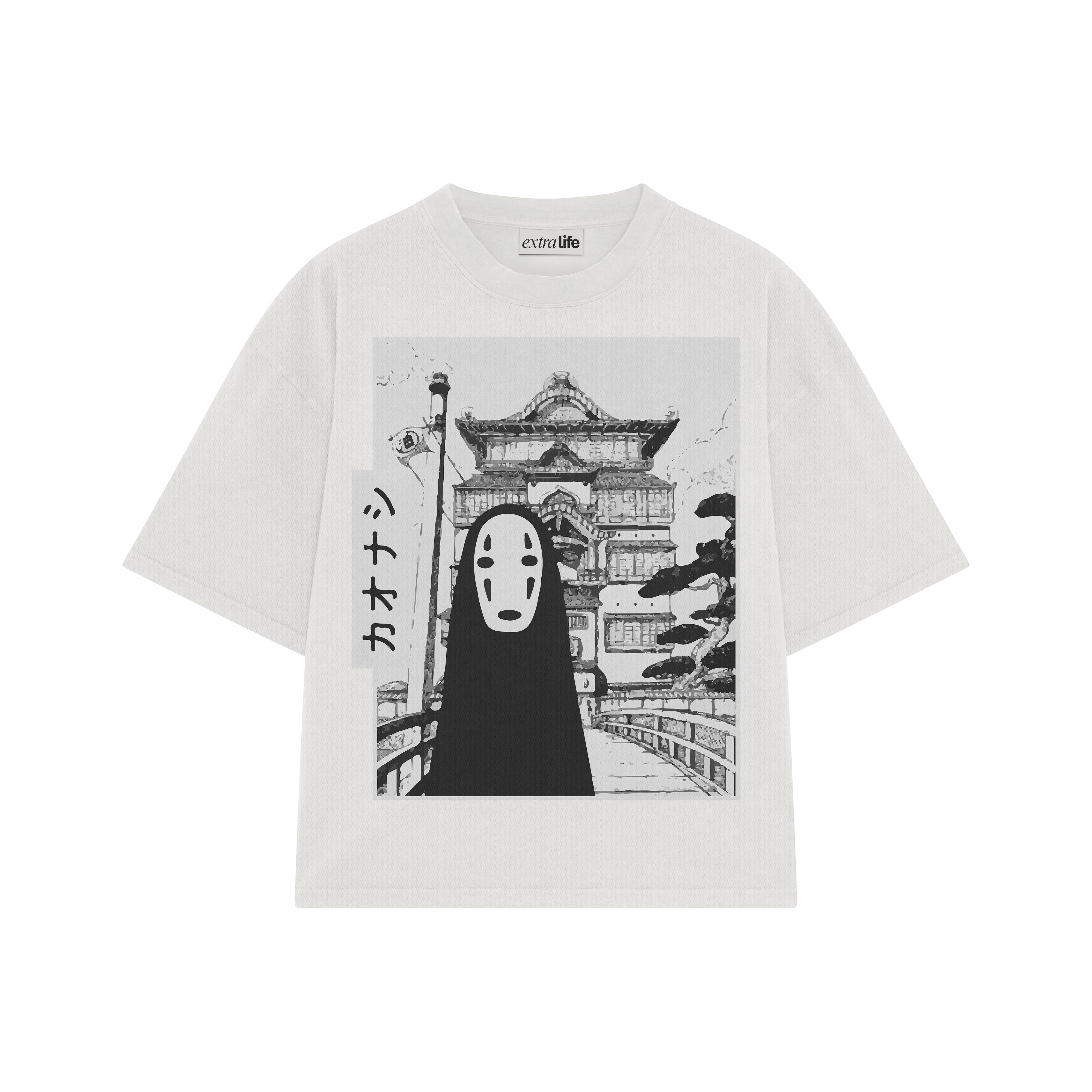 Playera streetwear premium de anime y gaming ExtraLife MX, corte boxy oversized drop shoulder heavyweight en color Deep Black y Off-White, moda urbana mexicana de culto.
