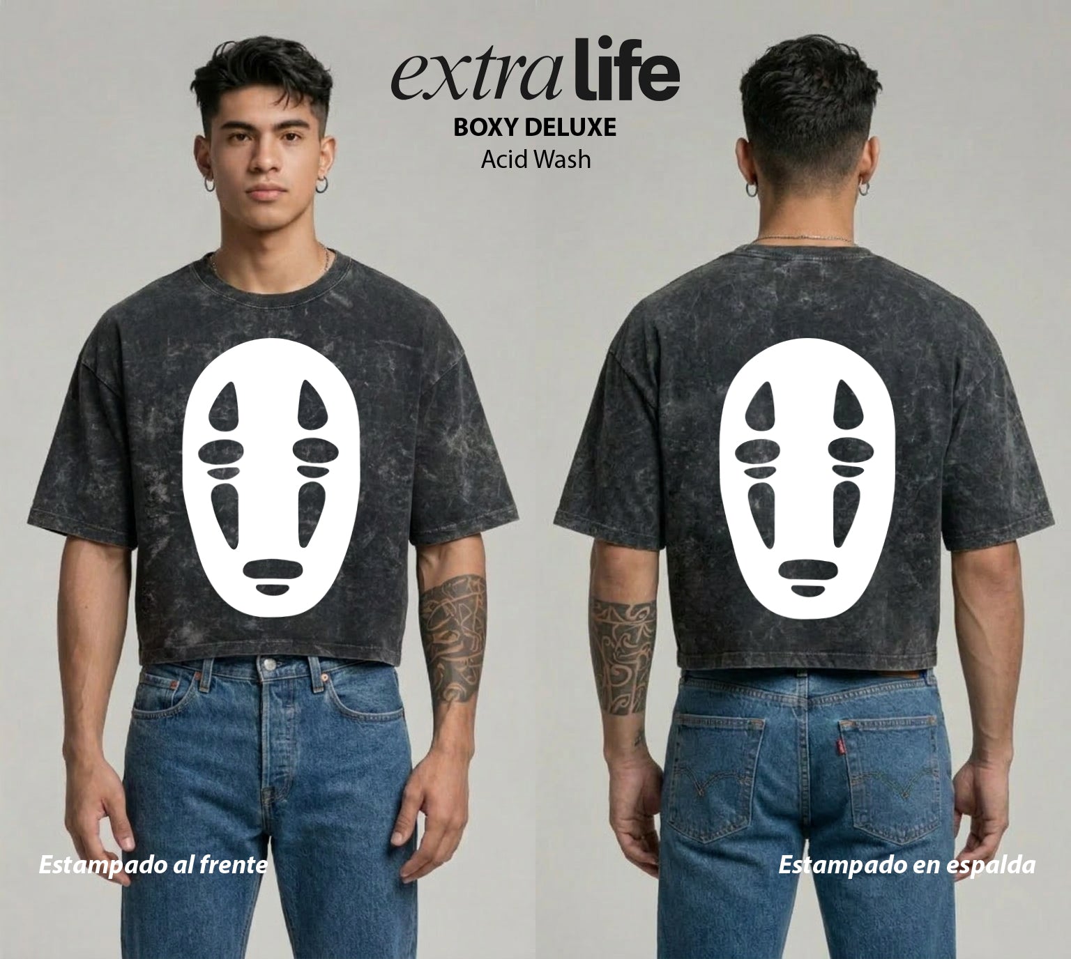 Playera streetwear premium de anime y gaming ExtraLife MX, corte boxy deluxe mineral wash heavyweight en color Acid Wash, moda urbana mexicana de culto.