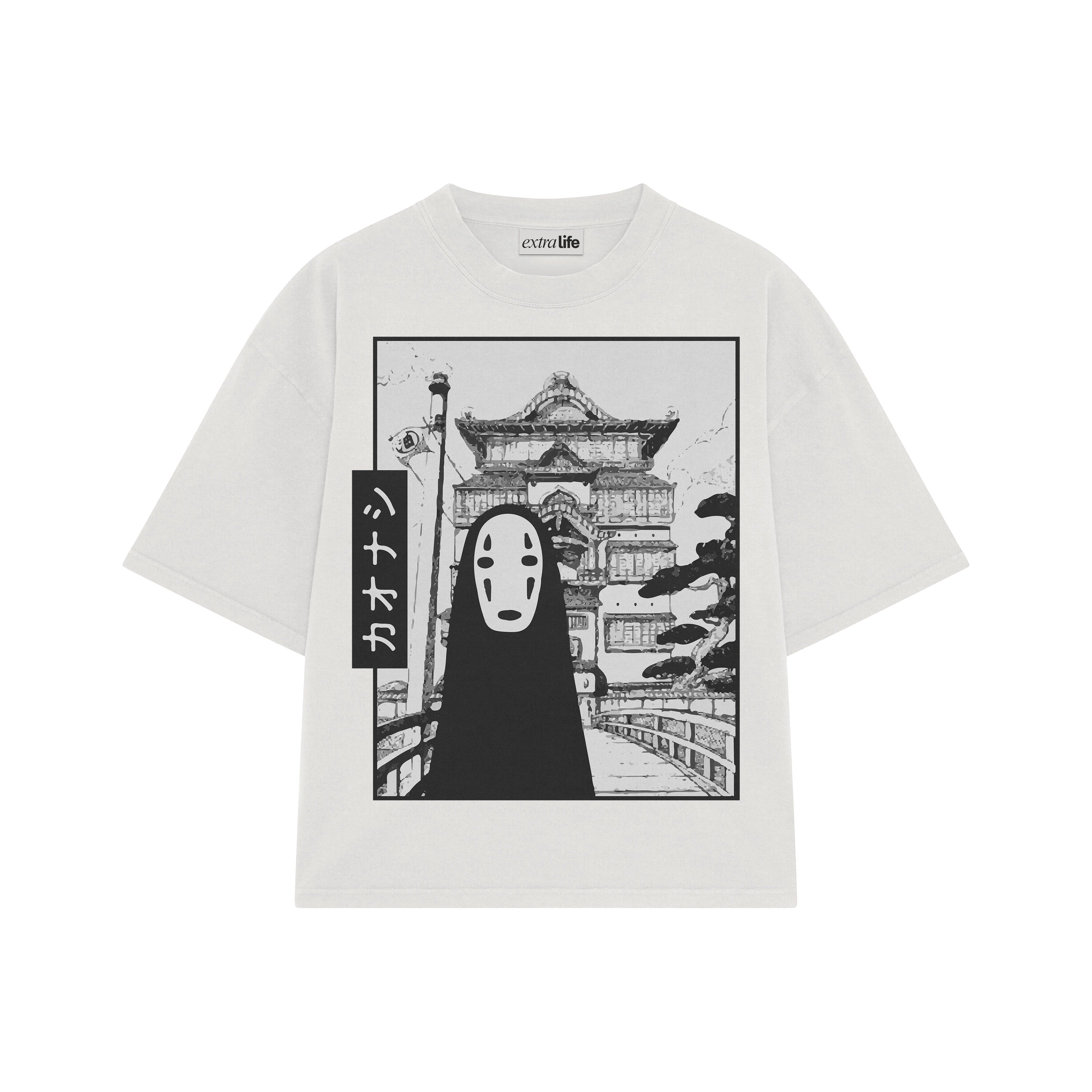 Playera streetwear premium de anime y gaming ExtraLife MX, corte boxy oversized drop shoulder heavyweight en color Deep Black y Off-White, moda urbana mexicana de culto.