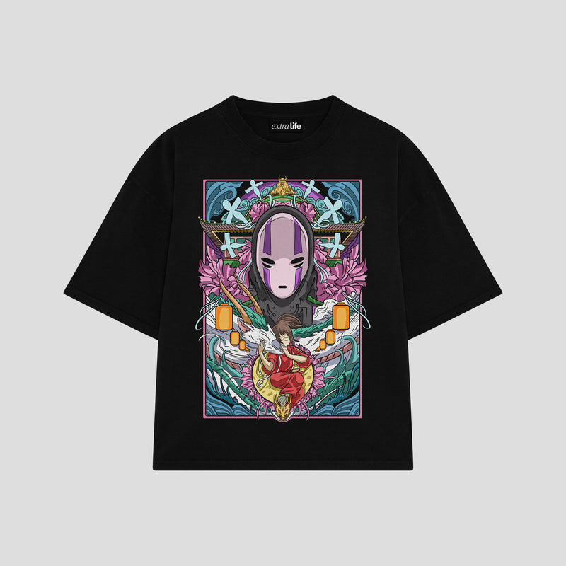 Playera streetwear premium de anime y gaming ExtraLife MX, corte boxy oversized drop shoulder heavyweight en color Deep Black y Off-White, moda urbana mexicana de culto.