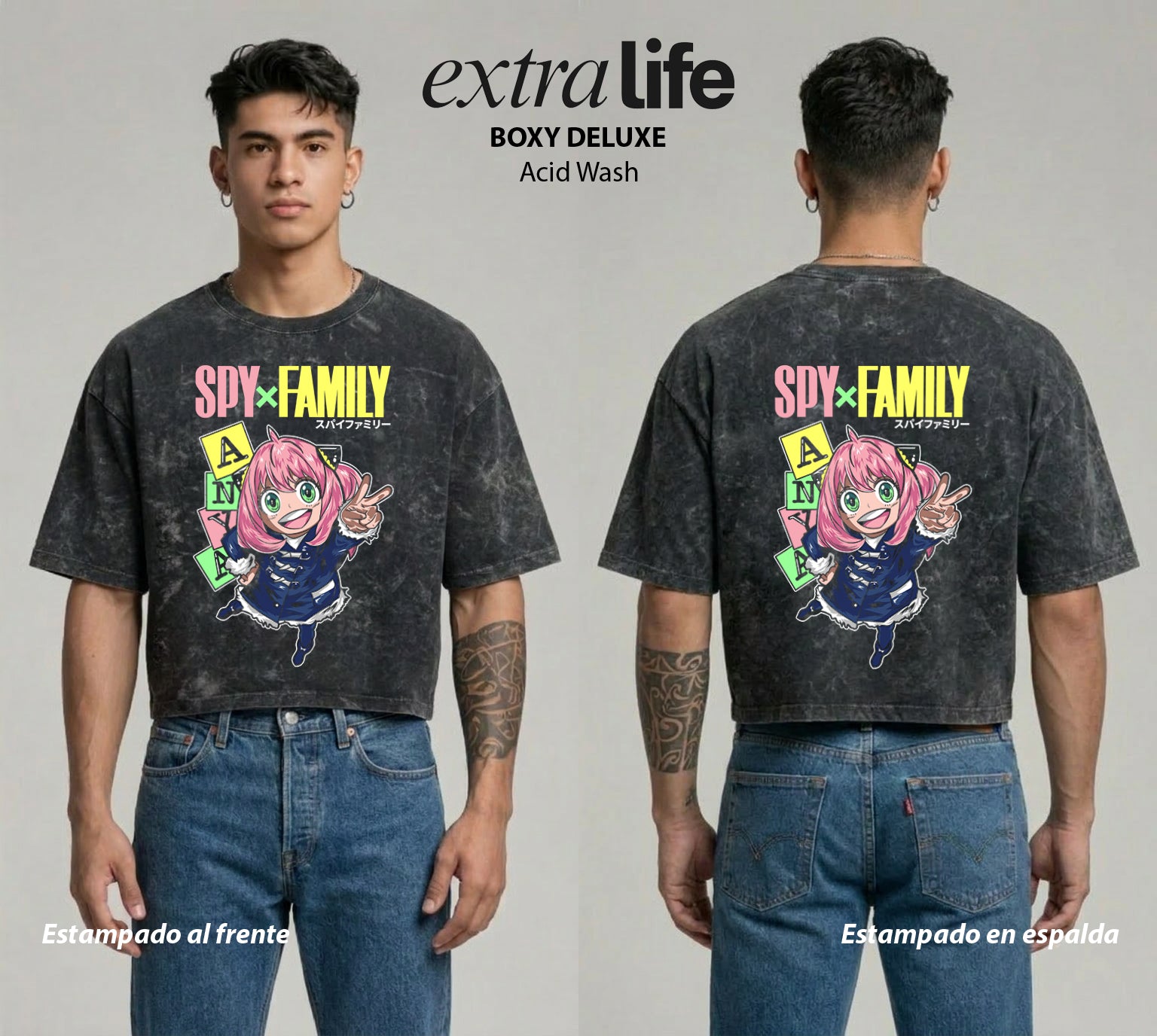 Playera streetwear premium de anime y gaming ExtraLife MX, corte boxy deluxe mineral wash heavyweight en color Acid Wash, moda urbana mexicana de culto.