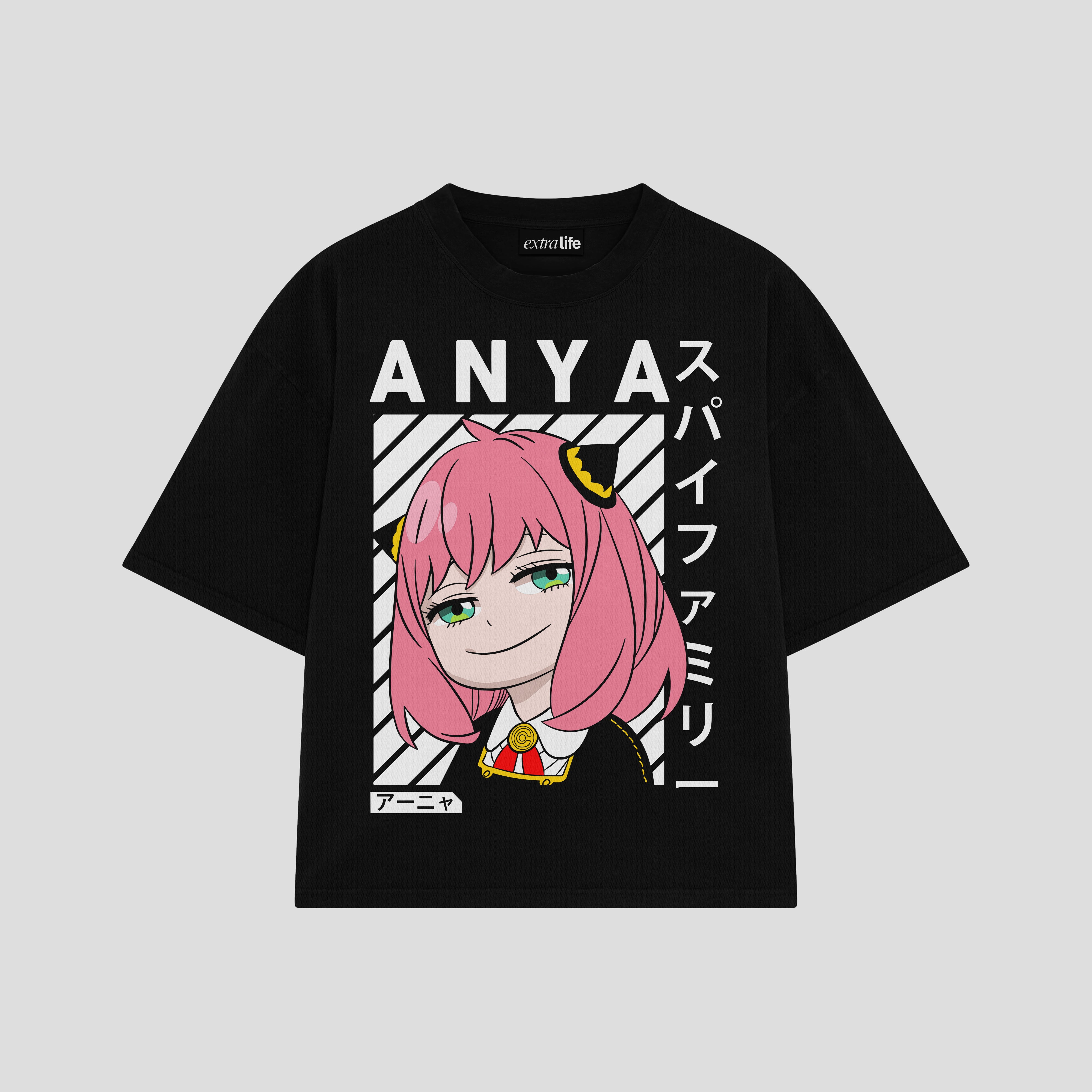Playera streetwear premium de anime y gaming ExtraLife MX, corte boxy oversized drop shoulder heavyweight en color Deep Black y Off-White, moda urbana mexicana de culto.