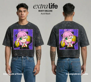 Playera streetwear premium de anime y gaming ExtraLife MX, corte boxy deluxe mineral wash heavyweight en color Acid Wash, moda urbana mexicana de culto.