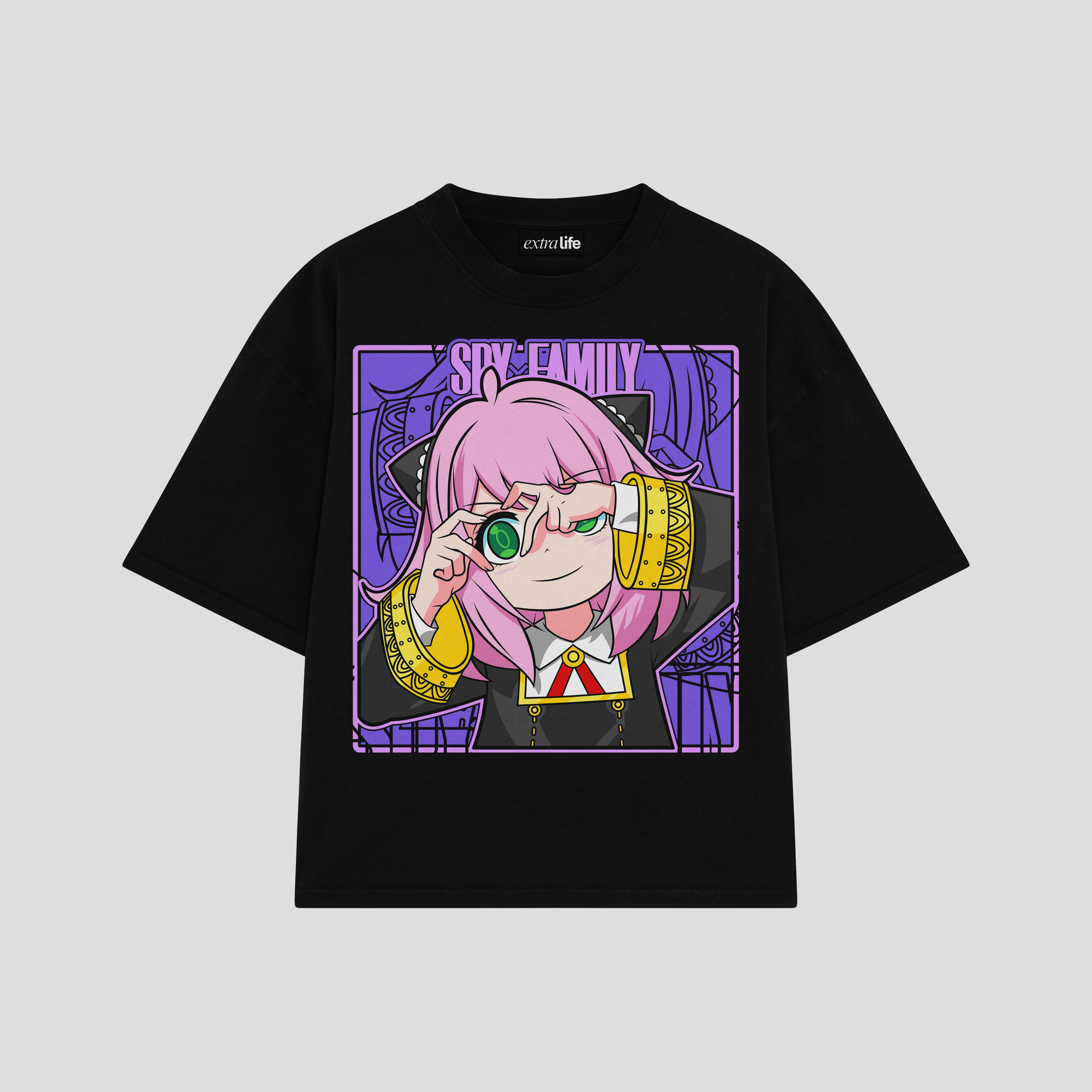 Playera streetwear premium de anime y gaming ExtraLife MX, corte boxy oversized drop shoulder heavyweight en color Deep Black y Off-White, moda urbana mexicana de culto.