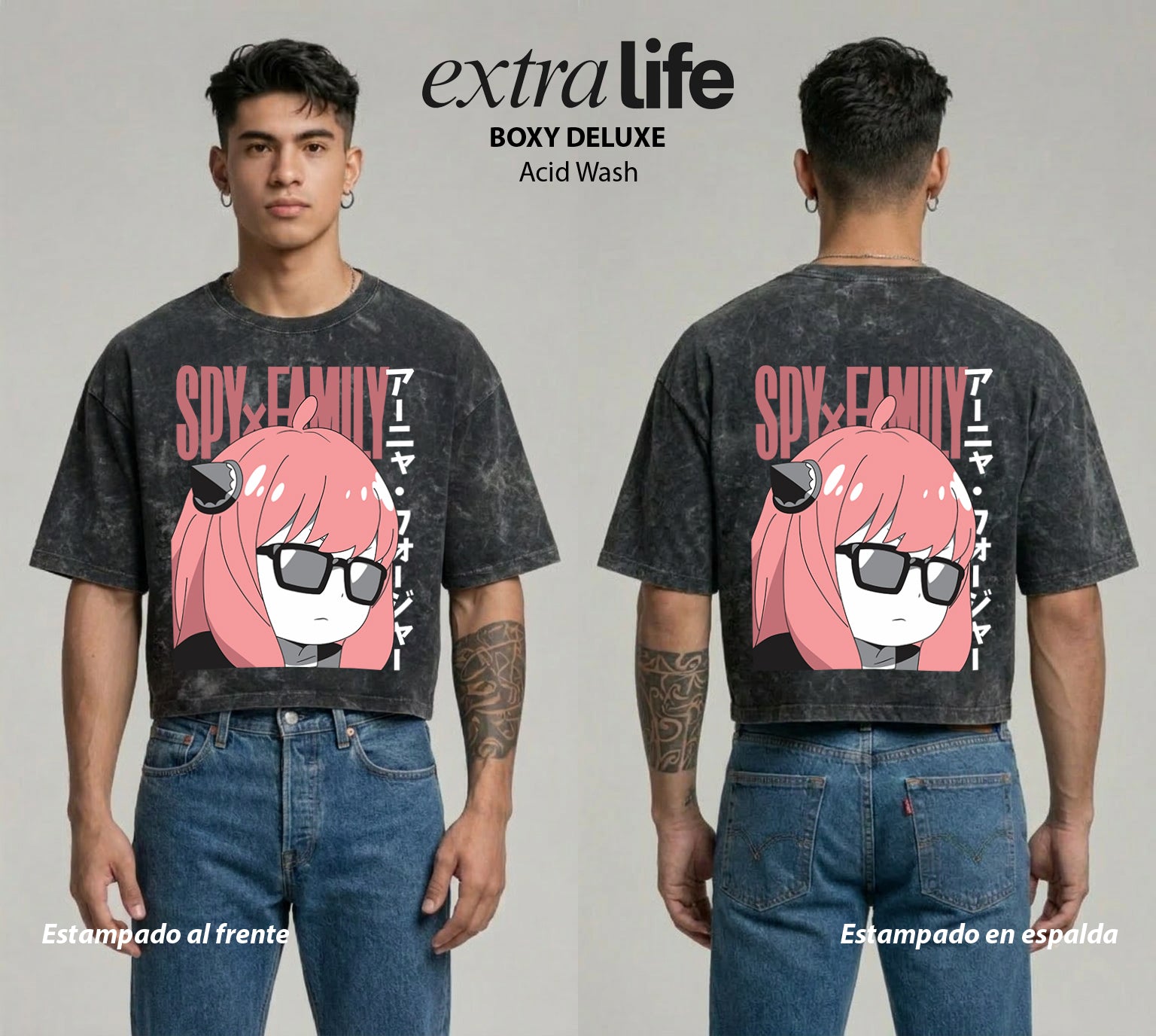 Playera streetwear premium de anime y gaming ExtraLife MX, corte boxy deluxe mineral wash heavyweight en color Acid Wash, moda urbana mexicana de culto.