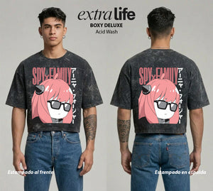 Playera streetwear premium de anime y gaming ExtraLife MX, corte boxy deluxe mineral wash heavyweight en color Acid Wash, moda urbana mexicana de culto.