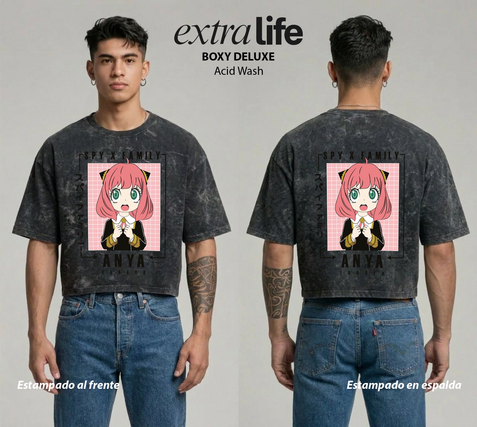 Playera streetwear premium de anime y gaming ExtraLife MX, corte boxy deluxe mineral wash heavyweight en color Acid Wash, moda urbana mexicana de culto.