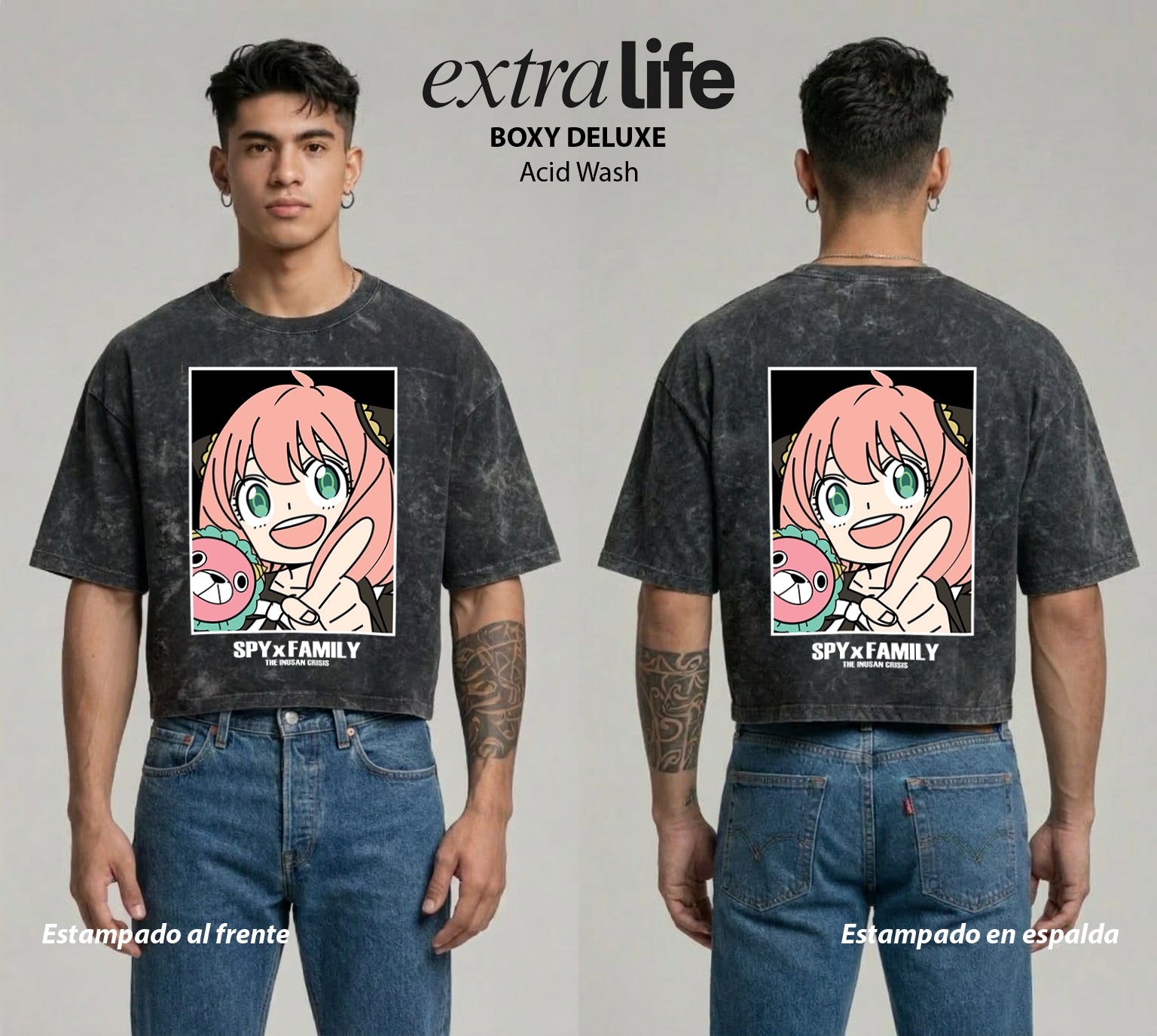 Playera streetwear premium de anime y gaming ExtraLife MX, corte boxy deluxe mineral wash heavyweight en color Acid Wash, moda urbana mexicana de culto.