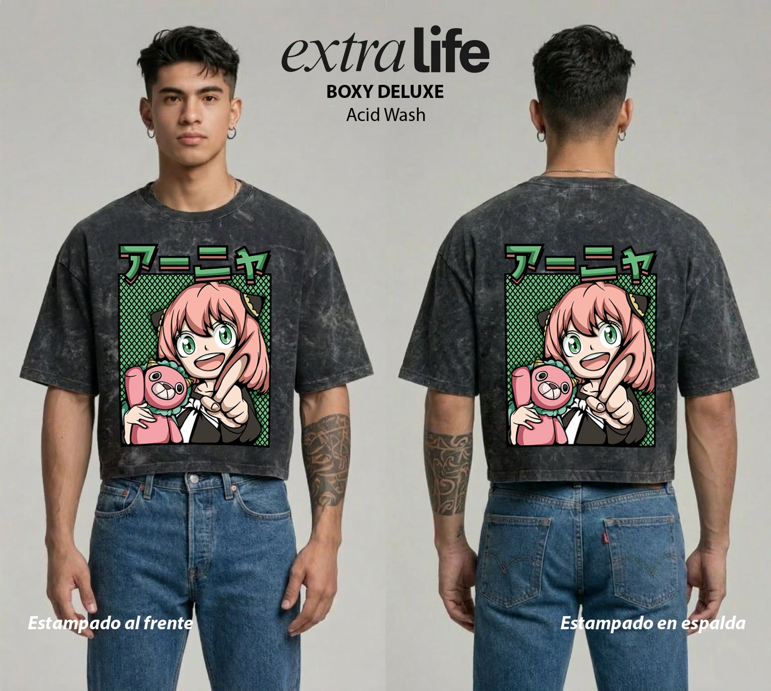 Playera streetwear premium de anime y gaming ExtraLife MX, corte boxy deluxe mineral wash heavyweight en color Acid Wash, moda urbana mexicana de culto.