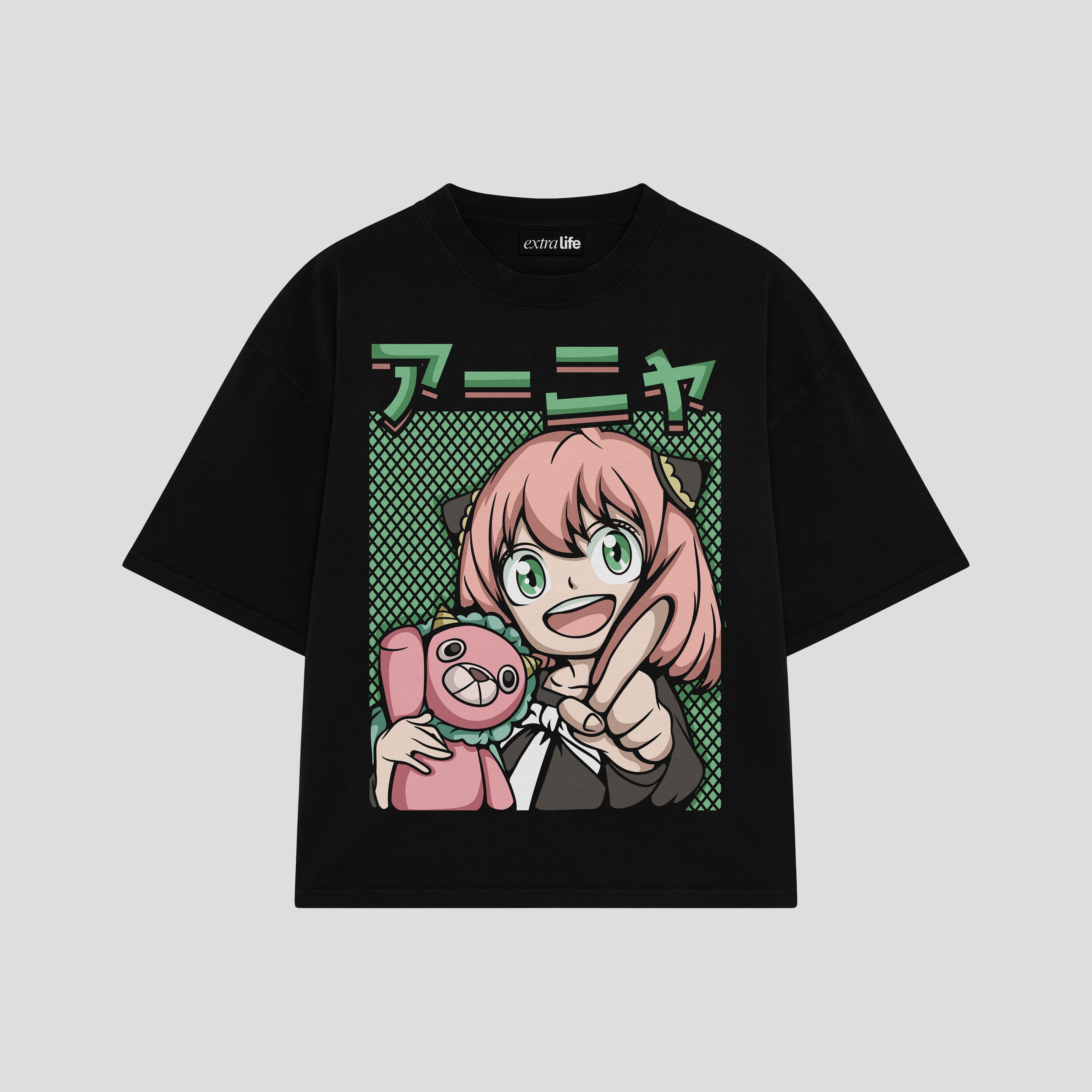 Playera streetwear premium de anime y gaming ExtraLife MX, corte boxy oversized drop shoulder heavyweight en color Deep Black y Off-White, moda urbana mexicana de culto.