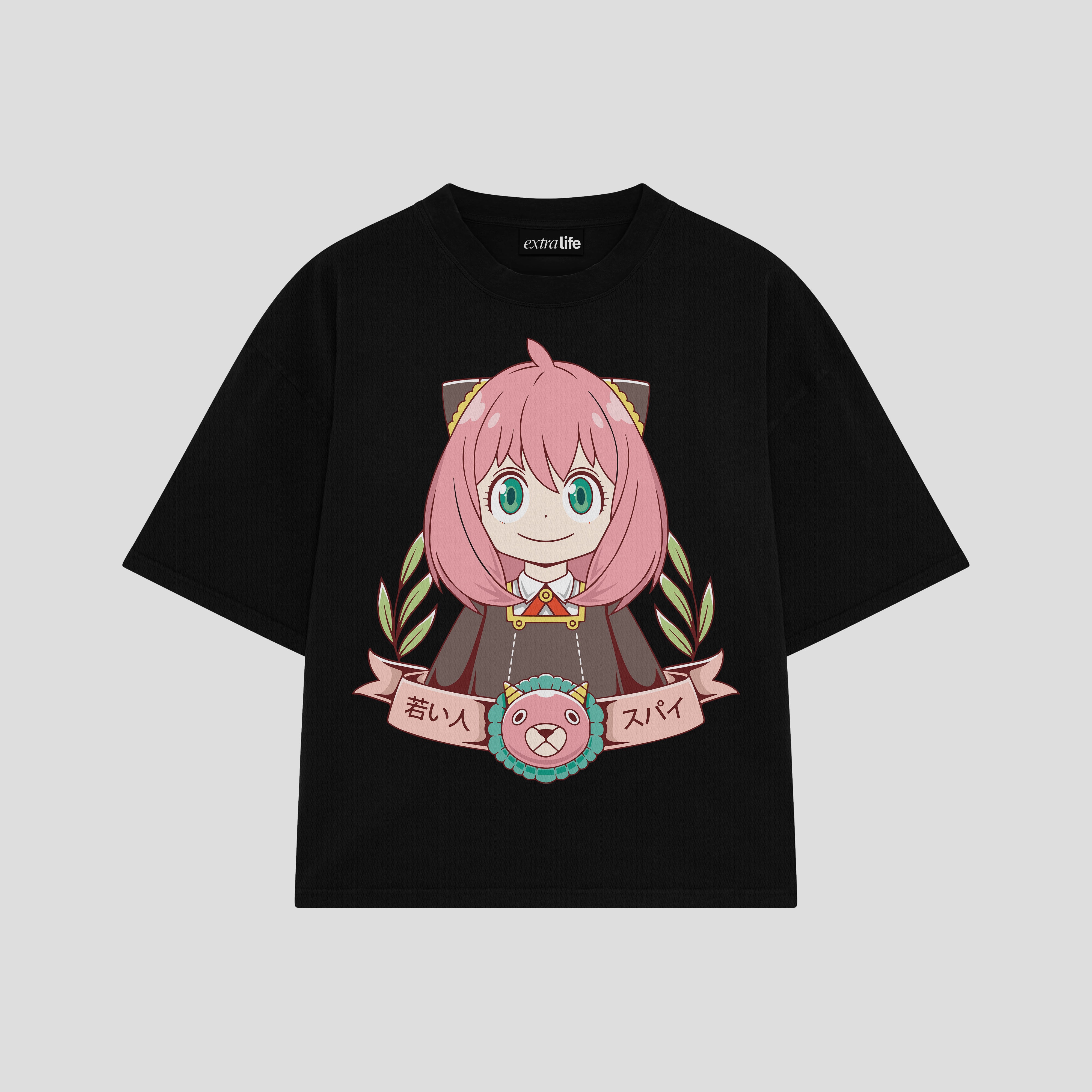 Playera streetwear premium de anime y gaming ExtraLife MX, corte boxy oversized drop shoulder heavyweight en color Deep Black y Off-White, moda urbana mexicana de culto.
