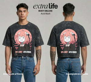 Playera streetwear premium de anime y gaming ExtraLife MX, corte boxy deluxe mineral wash heavyweight en color Acid Wash, moda urbana mexicana de culto.