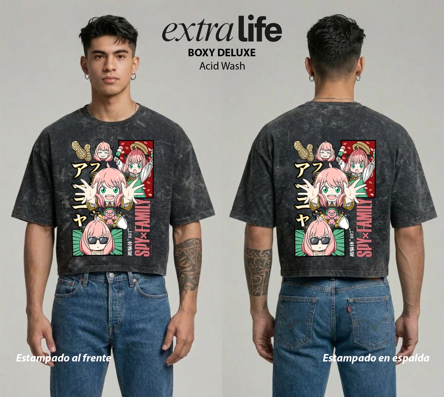 Playera streetwear premium de anime y gaming ExtraLife MX, corte boxy deluxe mineral wash heavyweight en color Acid Wash, moda urbana mexicana de culto.