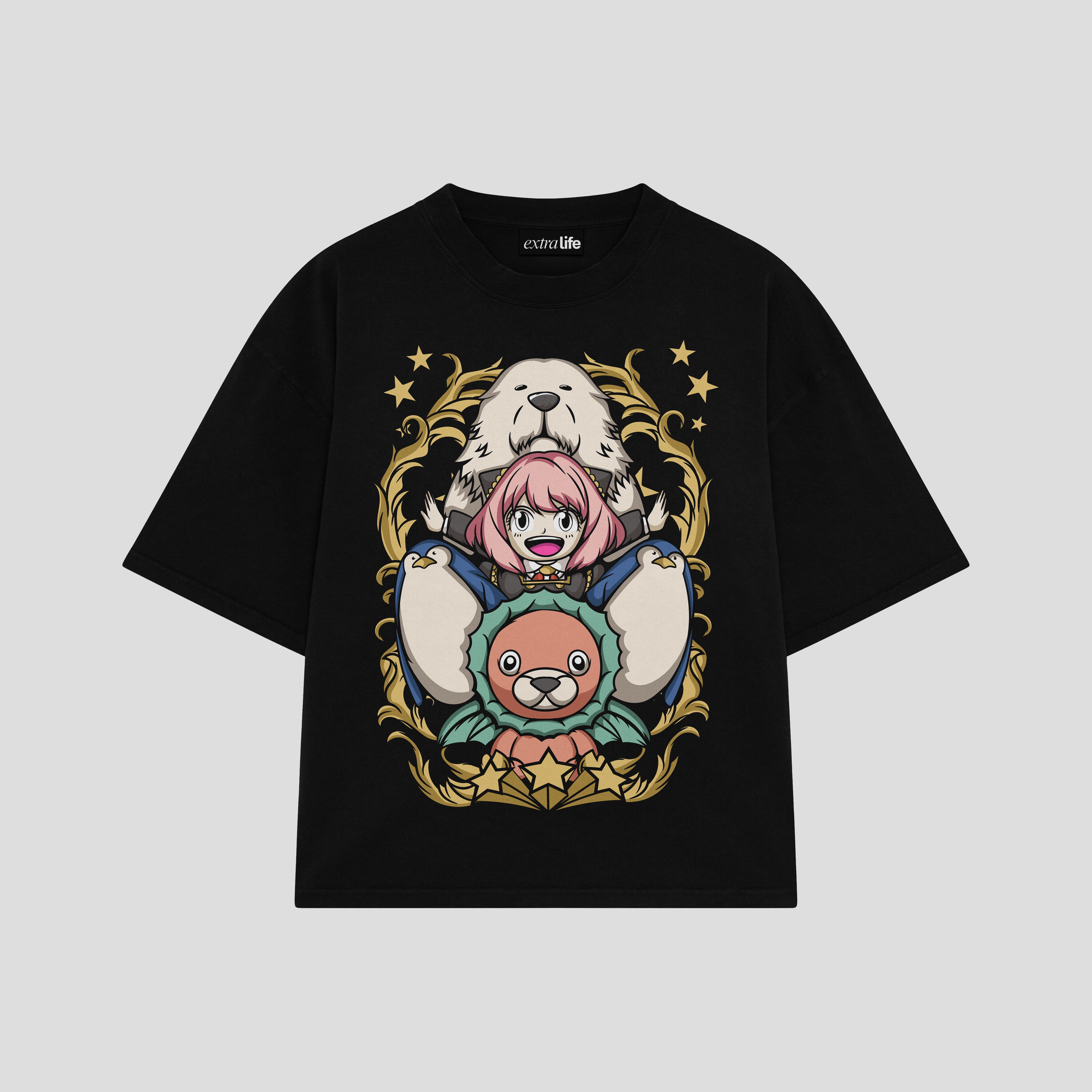 Playera streetwear premium de anime y gaming ExtraLife MX, corte boxy oversized drop shoulder heavyweight en color Deep Black y Off-White, moda urbana mexicana de culto.