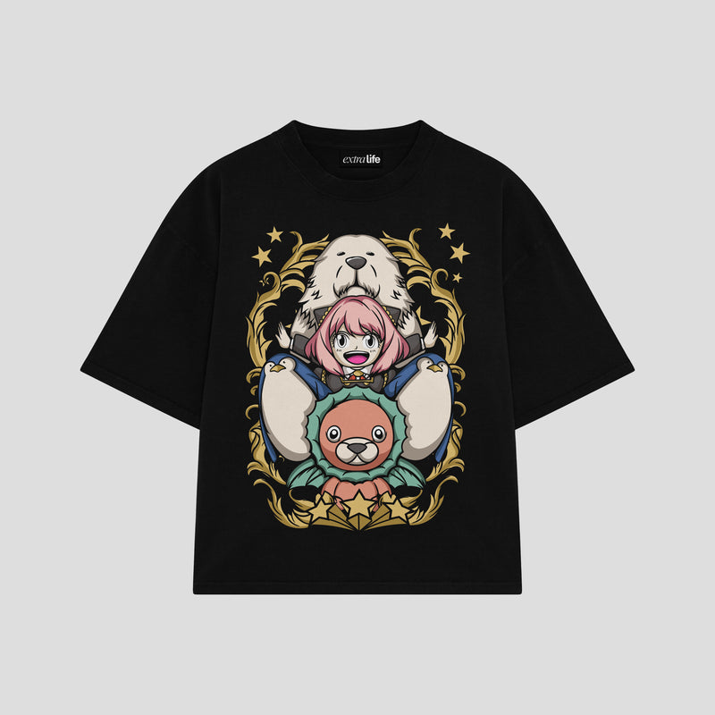 Playera streetwear premium de anime y gaming ExtraLife MX, corte boxy oversized drop shoulder heavyweight en color Deep Black y Off-White, moda urbana mexicana de culto.