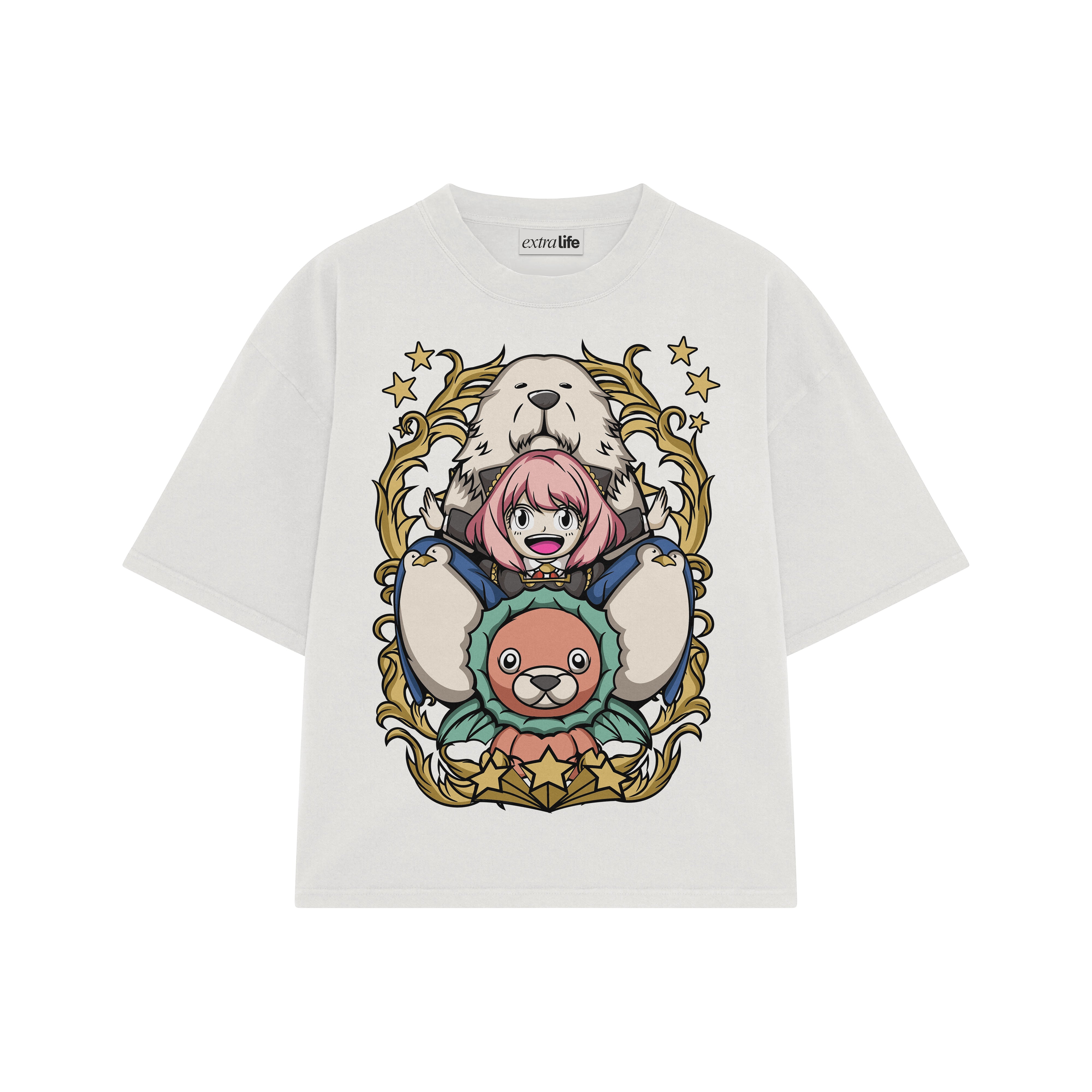 Playera streetwear premium de anime y gaming ExtraLife MX, corte boxy oversized drop shoulder heavyweight en color Deep Black y Off-White, moda urbana mexicana de culto.