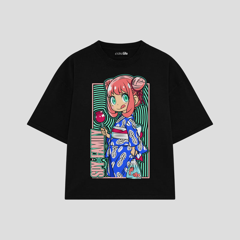 Playera streetwear premium de anime y gaming ExtraLife MX, corte boxy oversized drop shoulder heavyweight en color Deep Black y Off-White, moda urbana mexicana de culto.