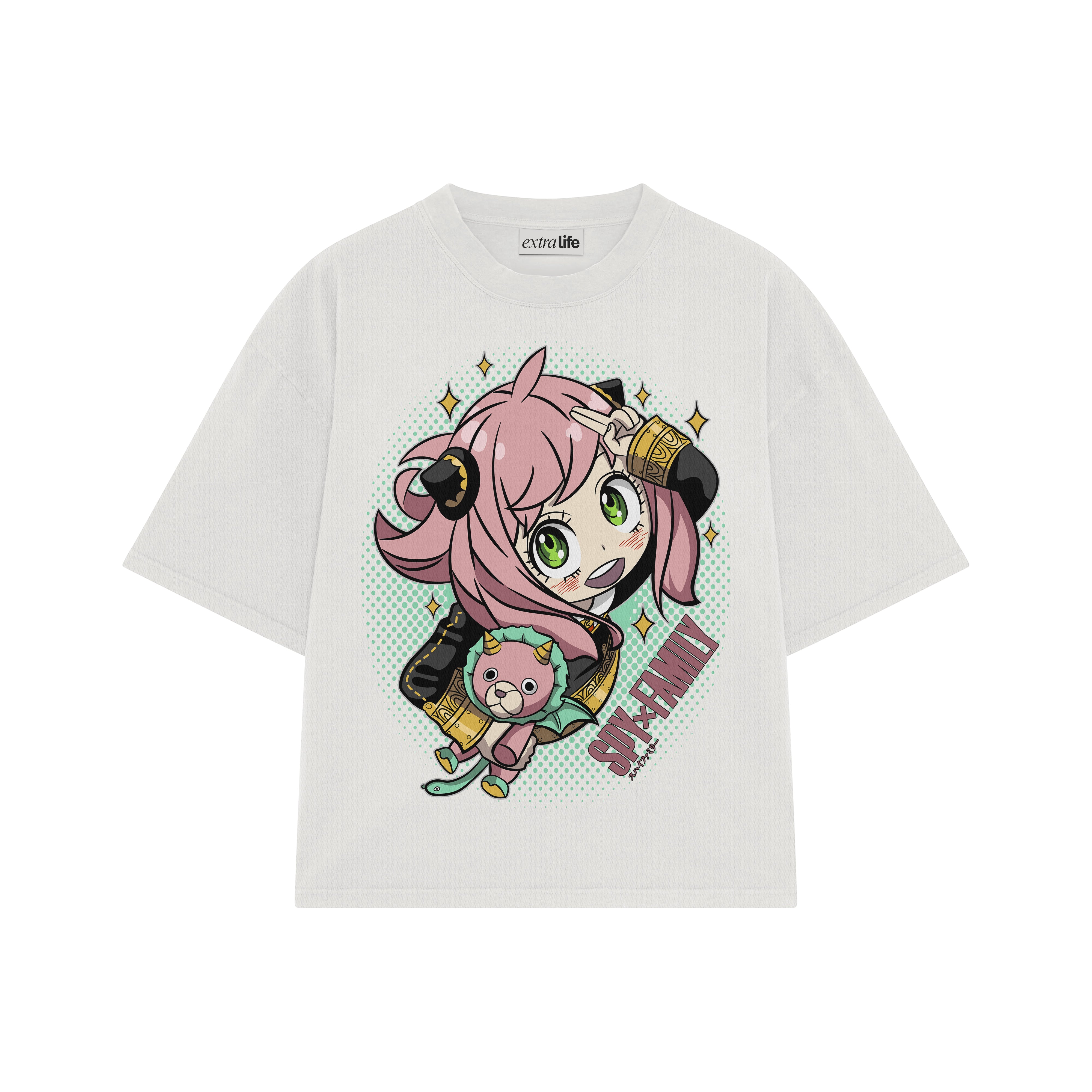 Playera streetwear premium de anime y gaming ExtraLife MX, corte boxy oversized drop shoulder heavyweight en color Deep Black y Off-White, moda urbana mexicana de culto.