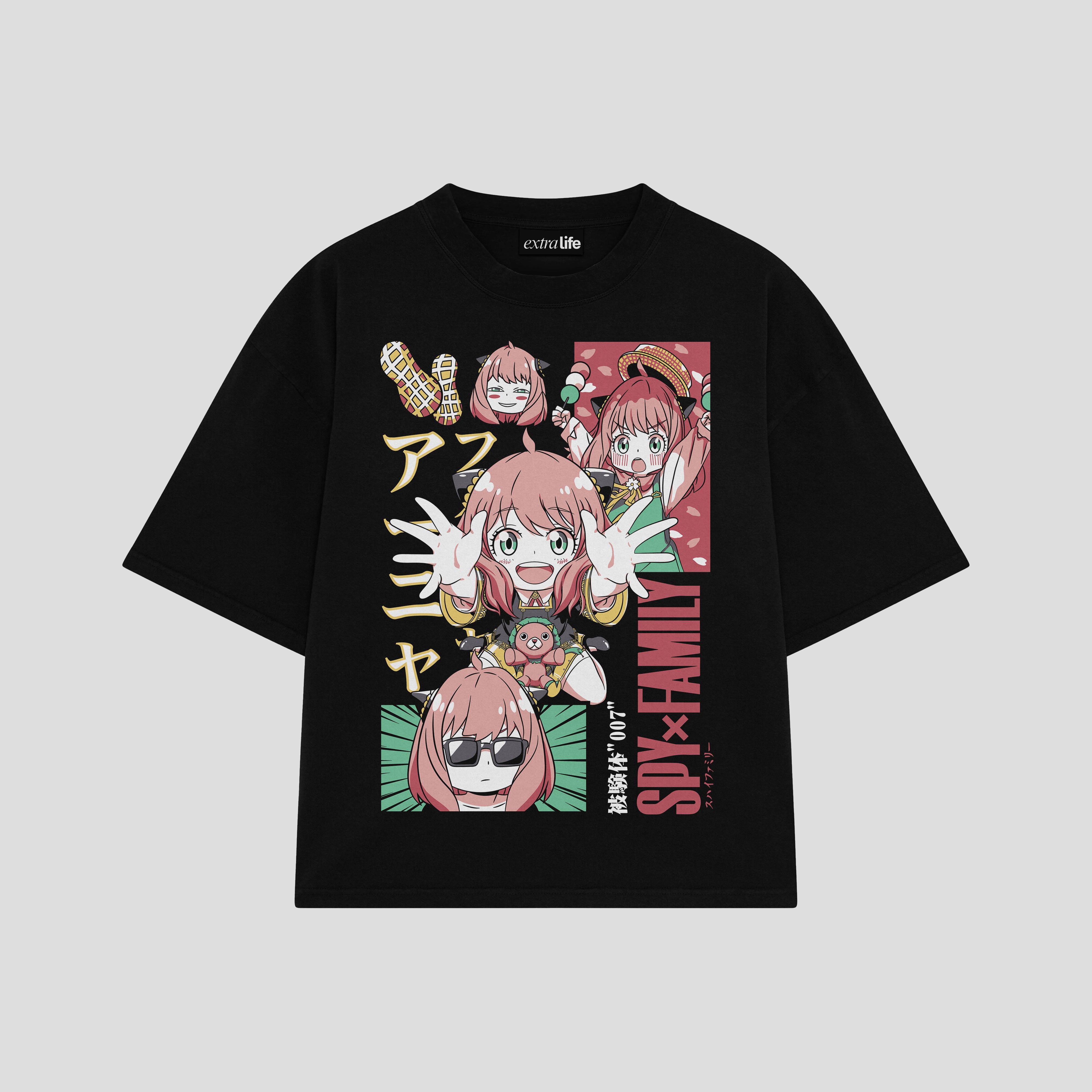 Playera streetwear premium de anime y gaming ExtraLife MX, corte boxy oversized drop shoulder heavyweight en color Deep Black y Off-White, moda urbana mexicana de culto.