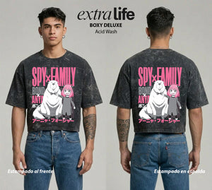 Playera streetwear premium de anime y gaming ExtraLife MX, corte boxy deluxe mineral wash heavyweight en color Acid Wash, moda urbana mexicana de culto.
