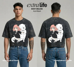 Playera streetwear premium de anime y gaming ExtraLife MX, corte boxy deluxe mineral wash heavyweight en color Acid Wash, moda urbana mexicana de culto.