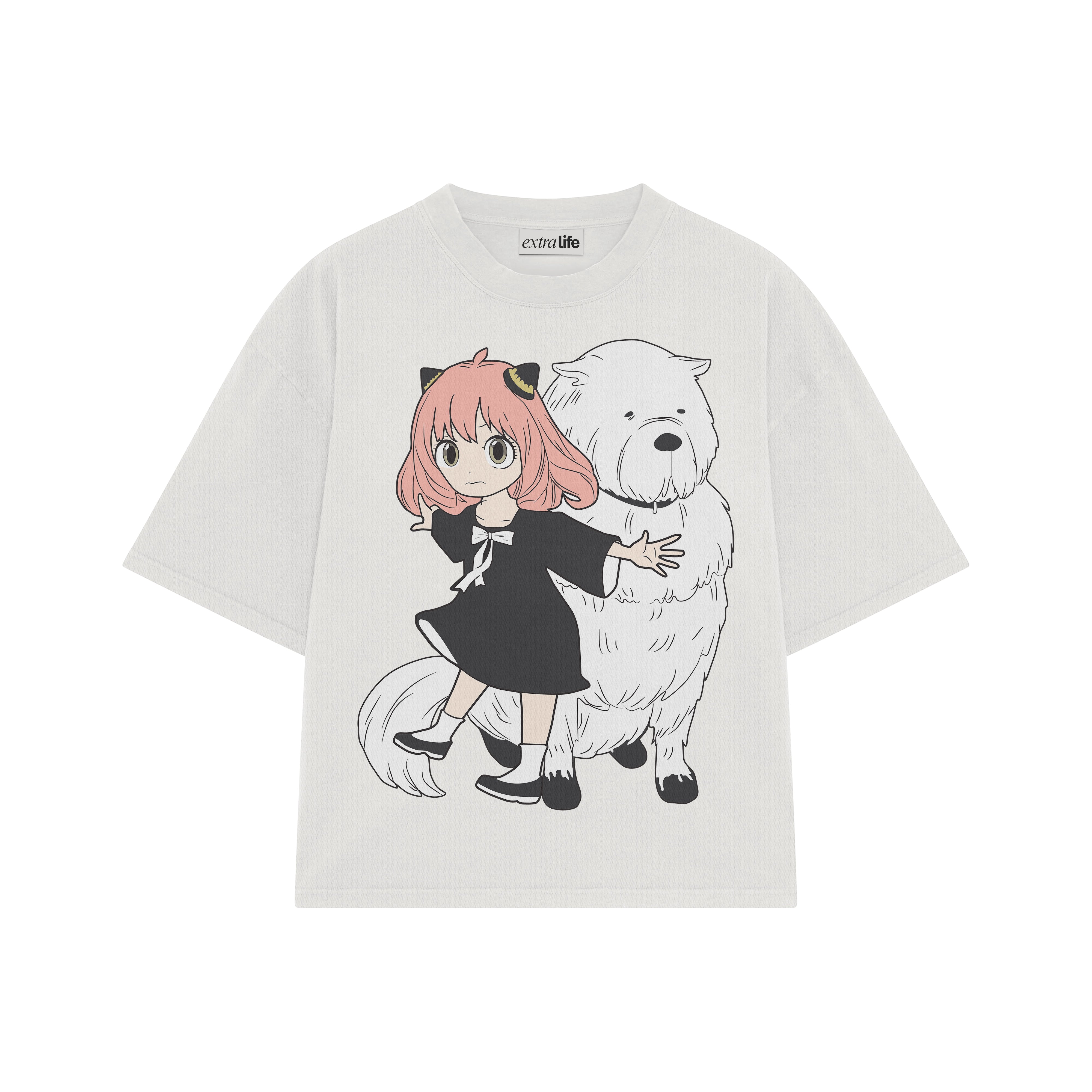 Playera streetwear premium de anime y gaming ExtraLife MX, corte boxy oversized drop shoulder heavyweight en color Deep Black y Off-White, moda urbana mexicana de culto.