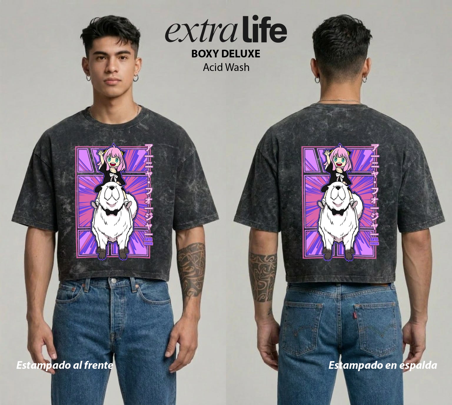 Playera streetwear premium de anime y gaming ExtraLife MX, corte boxy deluxe mineral wash heavyweight en color Acid Wash, moda urbana mexicana de culto.