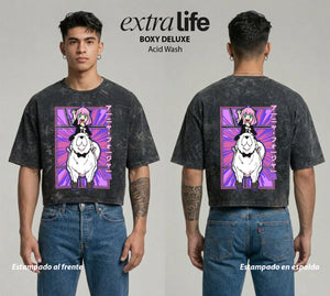 Playera streetwear premium de anime y gaming ExtraLife MX, corte boxy deluxe mineral wash heavyweight en color Acid Wash, moda urbana mexicana de culto.