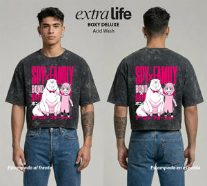 Playera streetwear premium de anime y gaming ExtraLife MX, corte boxy deluxe mineral wash heavyweight en color Acid Wash, moda urbana mexicana de culto.