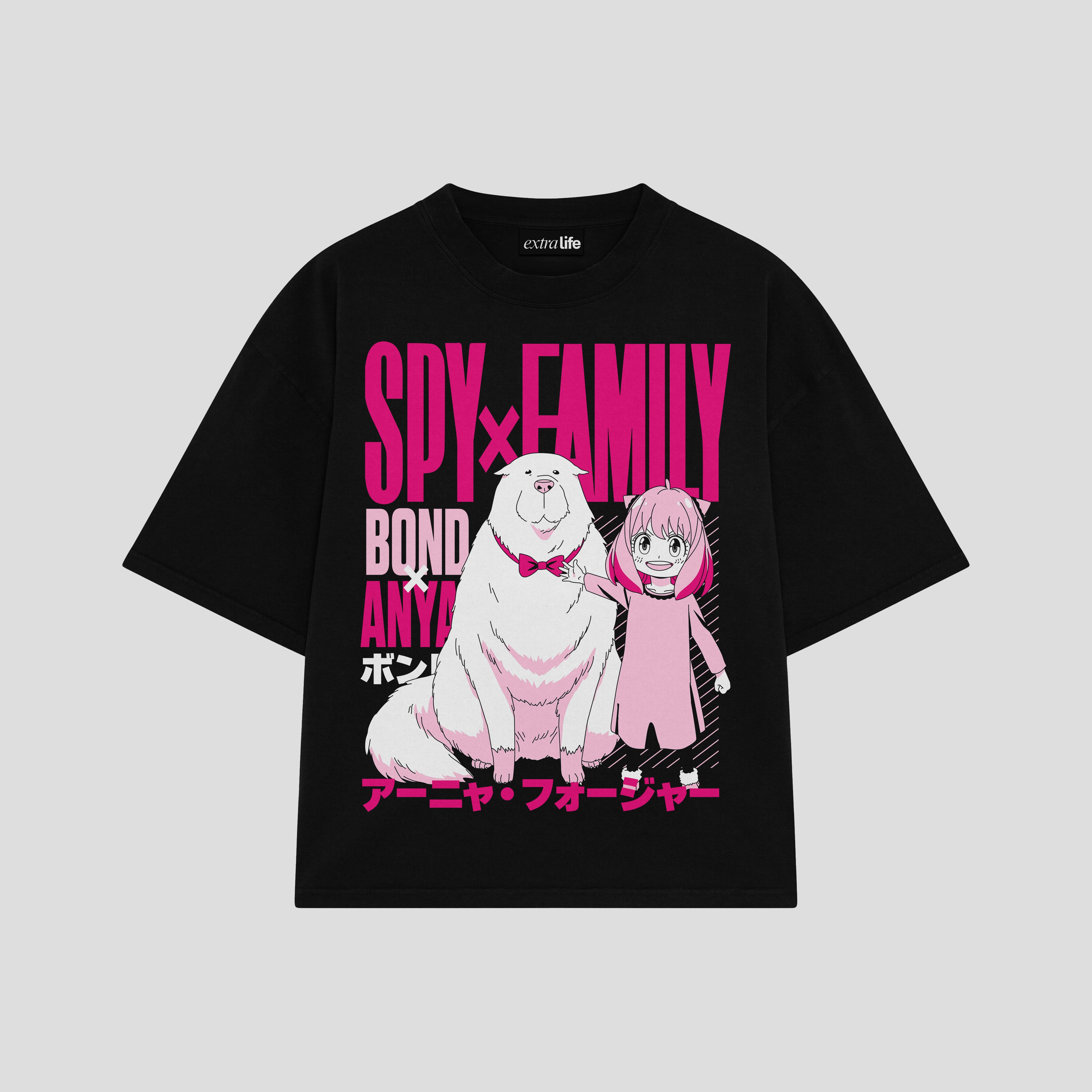 Playera streetwear premium de anime y gaming ExtraLife MX, corte boxy oversized drop shoulder heavyweight en color Deep Black y Off-White, moda urbana mexicana de culto.