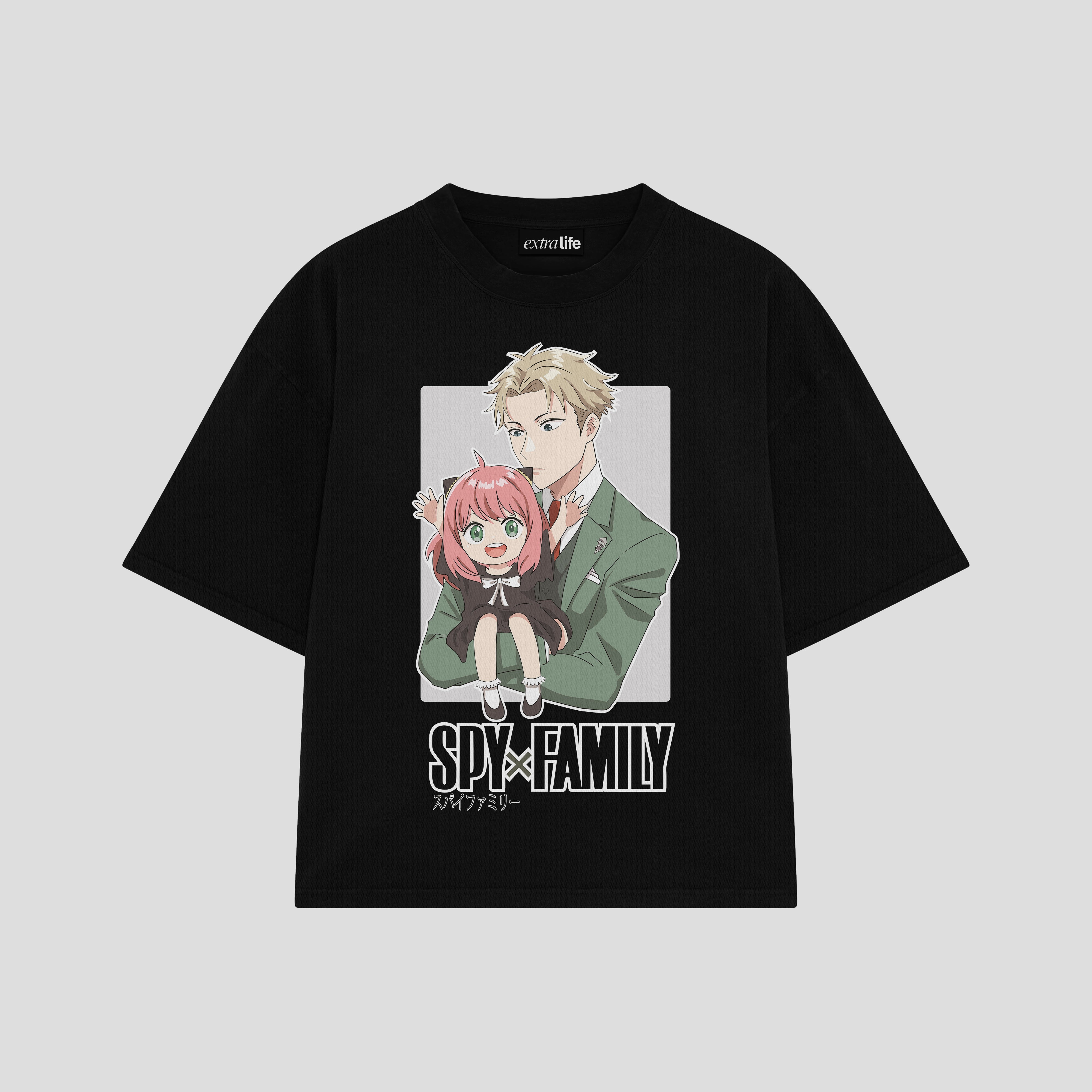 Playera streetwear premium de anime y gaming ExtraLife MX, corte boxy oversized drop shoulder heavyweight en color Deep Black y Off-White, moda urbana mexicana de culto.