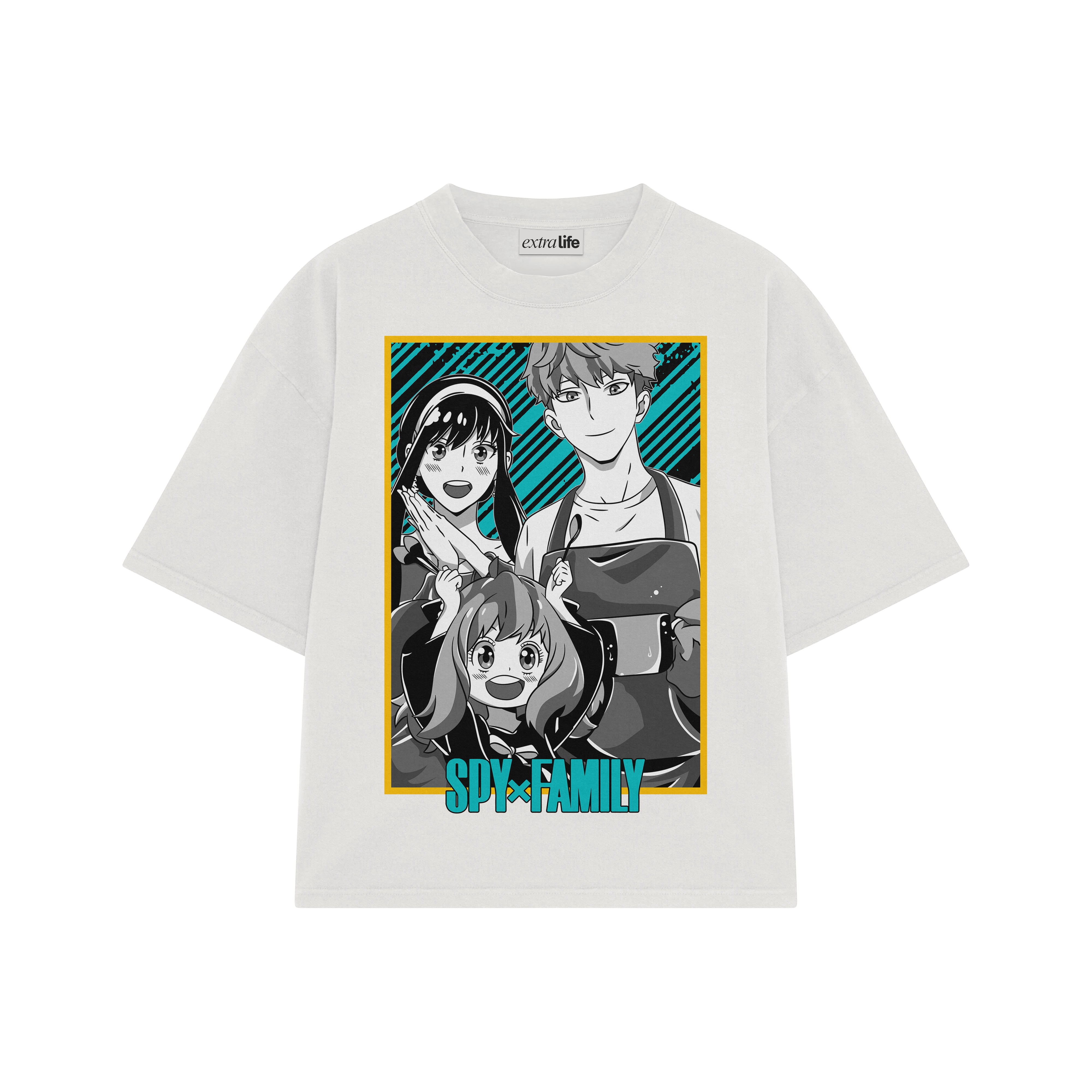 Playera streetwear premium de anime y gaming ExtraLife MX, corte boxy oversized drop shoulder heavyweight en color Deep Black y Off-White, moda urbana mexicana de culto.