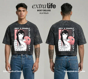 Playera streetwear premium de anime y gaming ExtraLife MX, corte boxy deluxe mineral wash heavyweight en color Acid Wash, moda urbana mexicana de culto.
