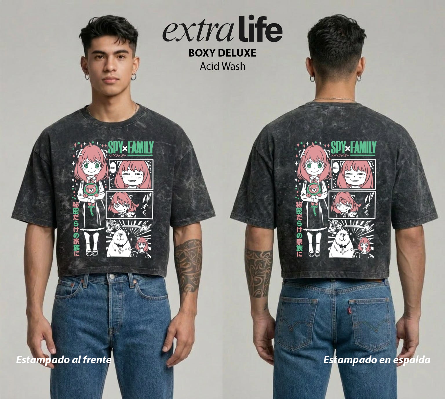 Playera streetwear premium de anime y gaming ExtraLife MX, corte boxy deluxe mineral wash heavyweight en color Acid Wash, moda urbana mexicana de culto.