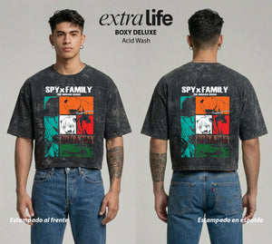 Playera streetwear premium de anime y gaming ExtraLife MX, corte boxy deluxe mineral wash heavyweight en color Acid Wash, moda urbana mexicana de culto.