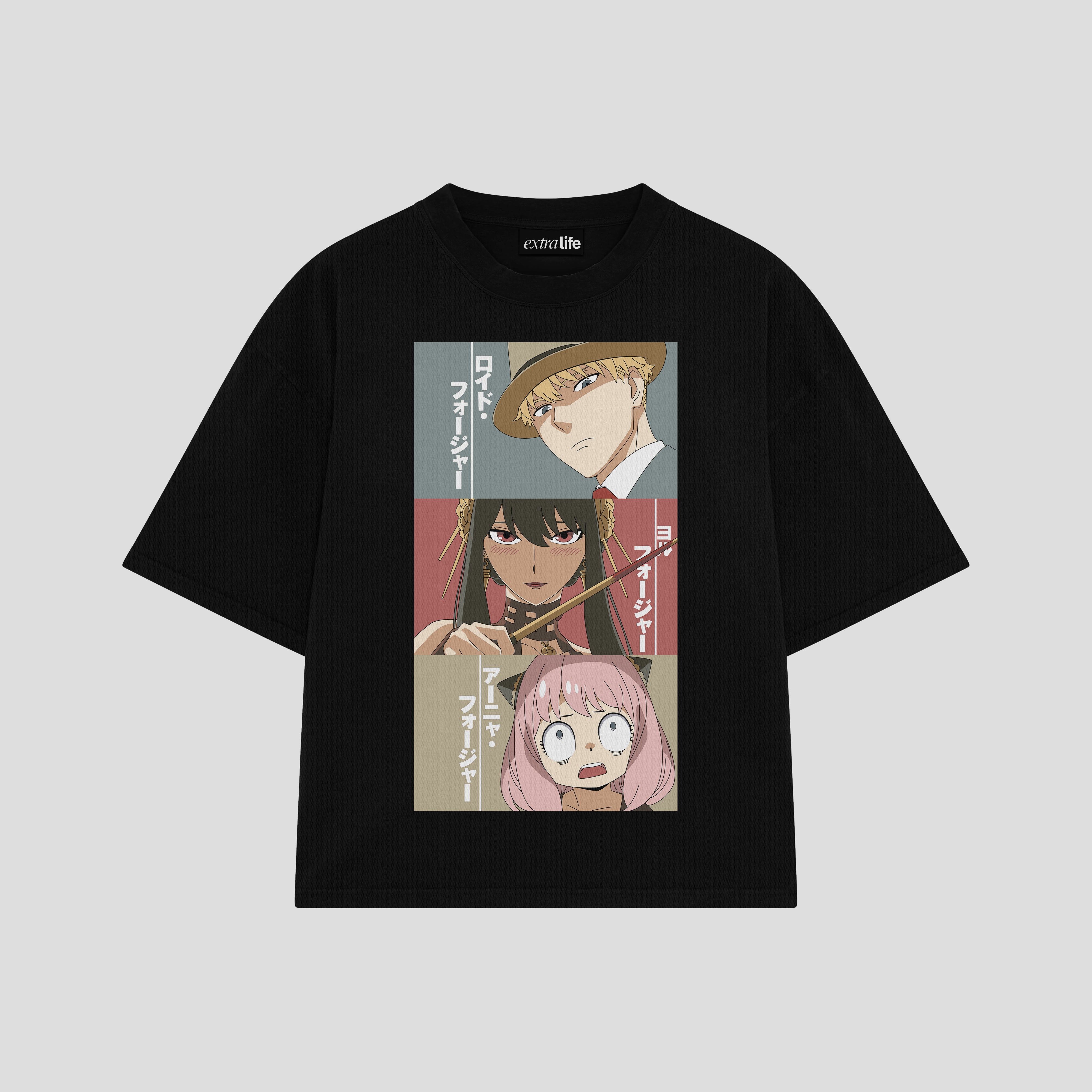 Playera streetwear premium de anime y gaming ExtraLife MX, corte boxy oversized drop shoulder heavyweight en color Deep Black y Off-White, moda urbana mexicana de culto.