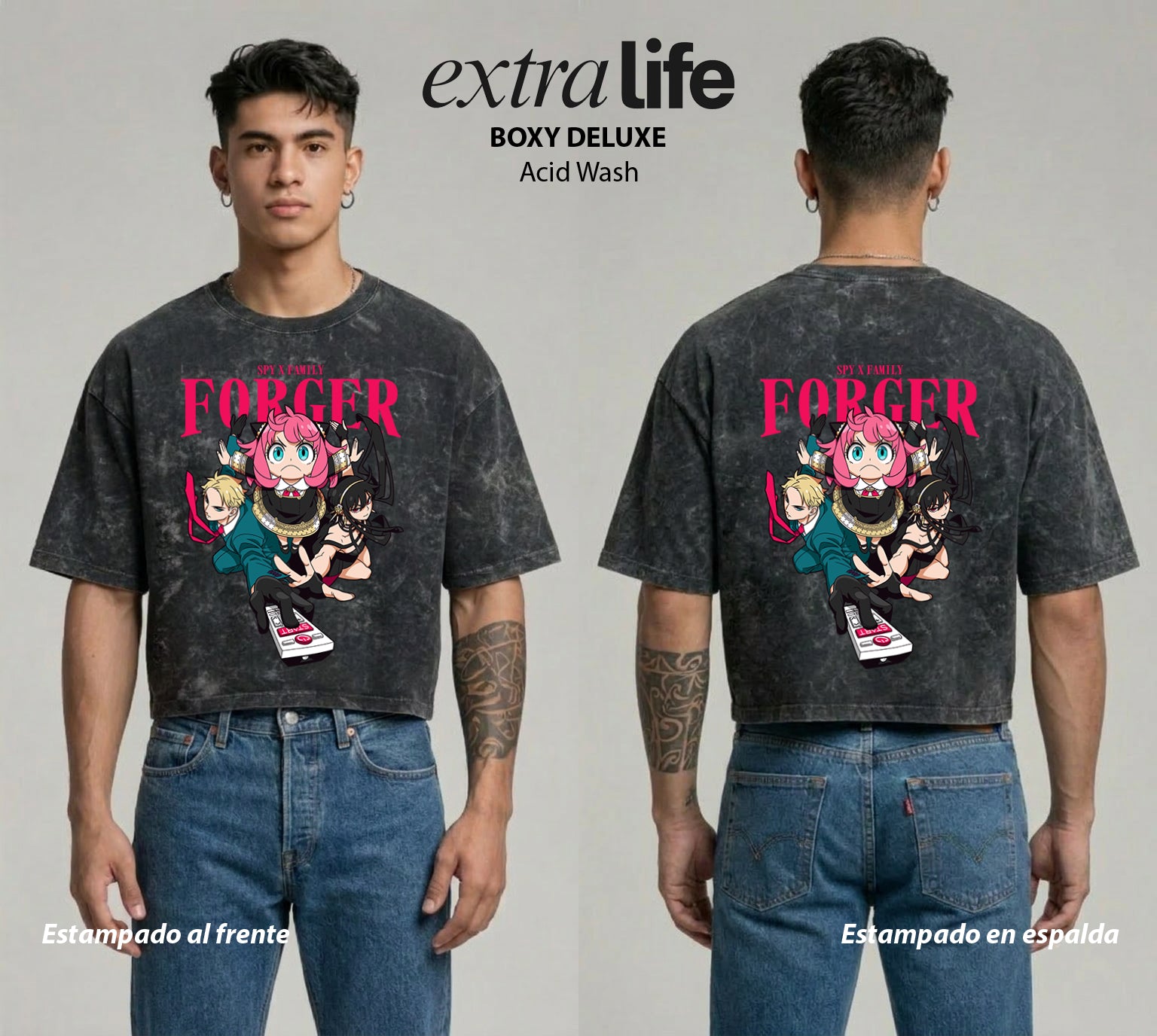 Playera streetwear premium de anime y gaming ExtraLife MX, corte boxy deluxe mineral wash heavyweight en color Acid Wash, moda urbana mexicana de culto.