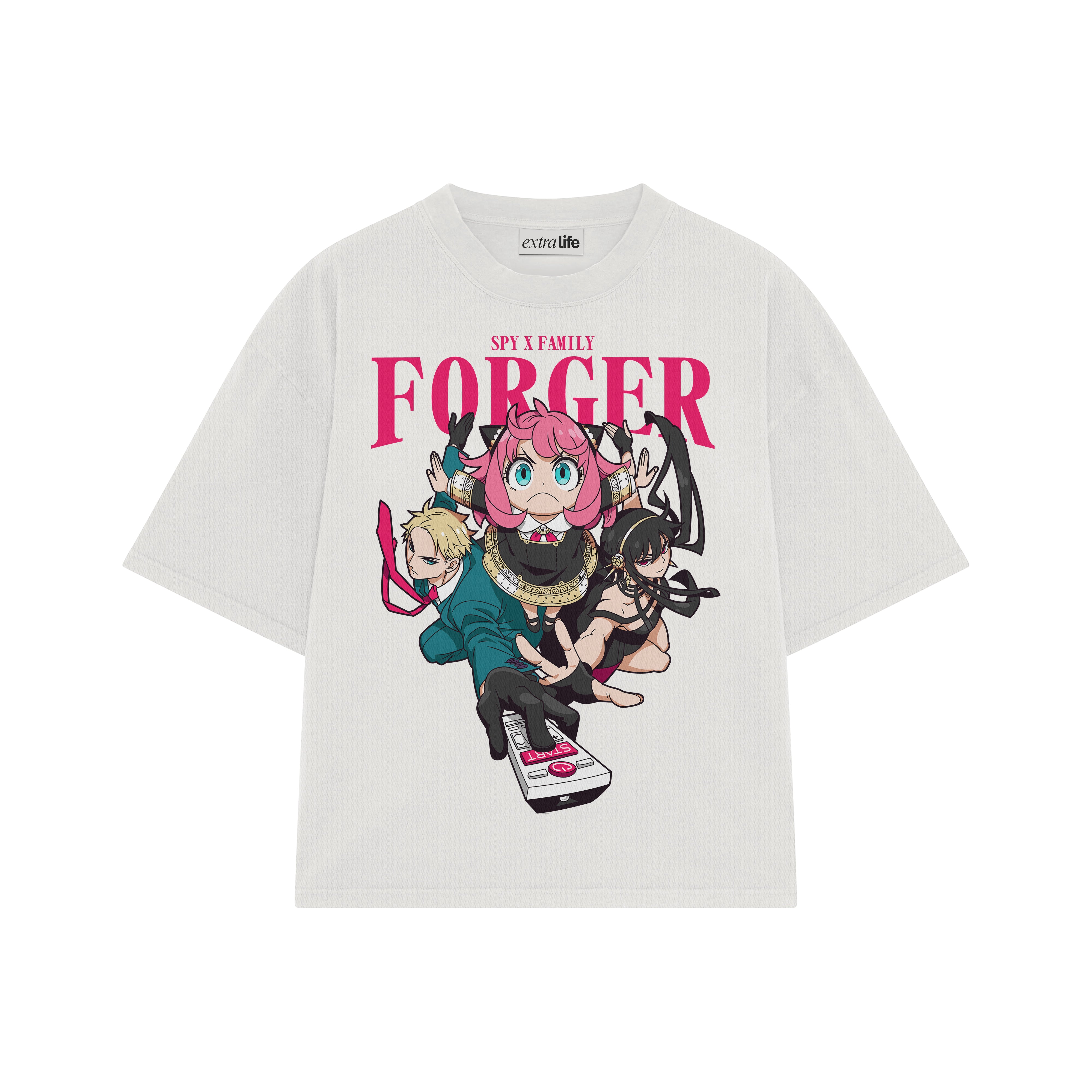Playera streetwear premium de anime y gaming ExtraLife MX, corte boxy oversized drop shoulder heavyweight en color Deep Black y Off-White, moda urbana mexicana de culto.